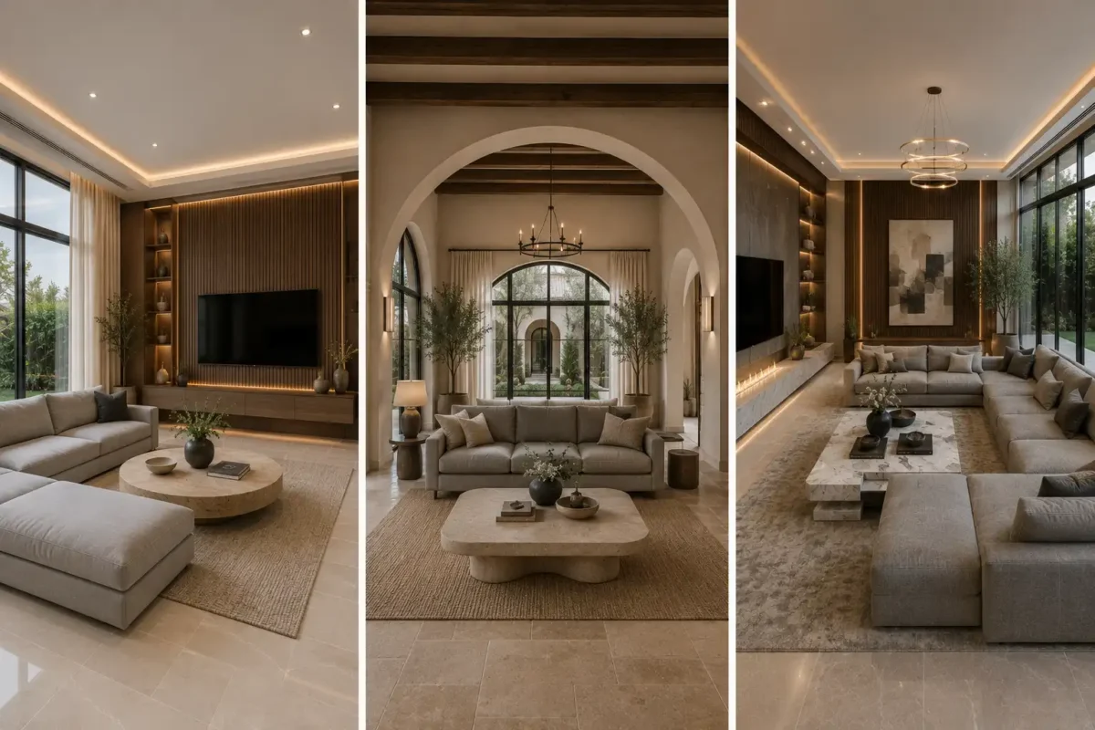 Collage of three luxury grey couch living room ideas featuring modern sectional sofas, Spanish inspired architecture with elegant archways, walnut wood slat TV feature walls, marble coffee tables, floor to ceiling windows, warm LED lighting, neutral color palette, open concept layouts, and sophisticated contemporary home décor for stylish modern interiors.