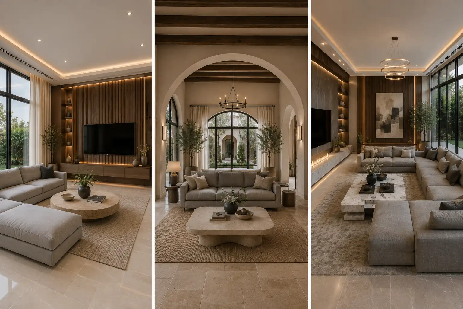 Collage of three luxury grey couch living room ideas featuring modern sectional sofas, Spanish inspired architecture with elegant archways, walnut wood slat TV feature walls, marble coffee tables, floor to ceiling windows, warm LED lighting, neutral color palette, open concept layouts, and sophisticated contemporary home décor for stylish modern interiors.