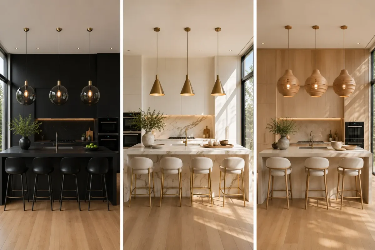 Luxury modern kitchen ideas collage featuring three designer kitchen island styles with sculptural pendant lighting, including matte black smoked glass globe pendants, elegant brass cone pendant lights, and handcrafted wooden statement pendants above luxury waterfall kitchen islands, contemporary kitchen lighting ideas, modern kitchen ideas, premium kitchen island lighting inspiration, high end home decor, designer kitchen interiors, luxury modern kitchen design, elegant pendant lighting over kitchen islands