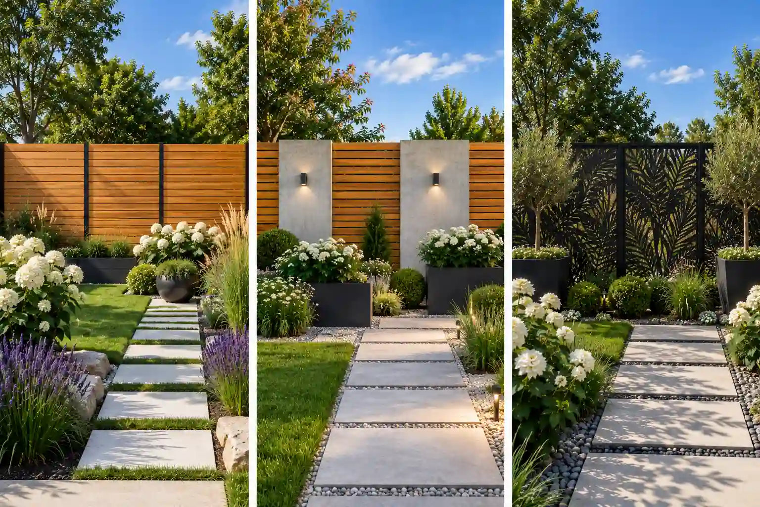 Luxury modern garden fencing ideas featuring three premium backyard fence designs in a vertical collage, including a horizontal cedar slat fence, concrete and wood architectural fence, and decorative laser cut metal privacy fence with white hydrangeas, lavender, ornamental grasses, black planters, concrete stepping stone pathways, lush green lawn, contemporary backyard landscaping, modern privacy fence inspiration, elegant outdoor living design, high end garden makeover ideas.