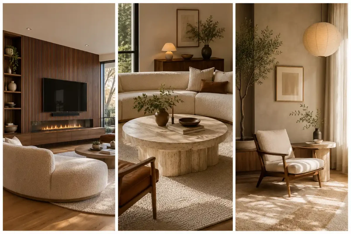 Luxury Mid-Century Modern living rooms collage featuring a walnut slat media wall with linear fireplace, curved cream boucle sofa, round travertine coffee table, sculptural walnut lounge chair, paper lantern pendant light, textured neutral rug, indoor olive tree, warm natural lighting, black framed windows, timeless contemporary furniture, elegant designer home decor, cozy luxury living room inspiration with natural wood finishes.