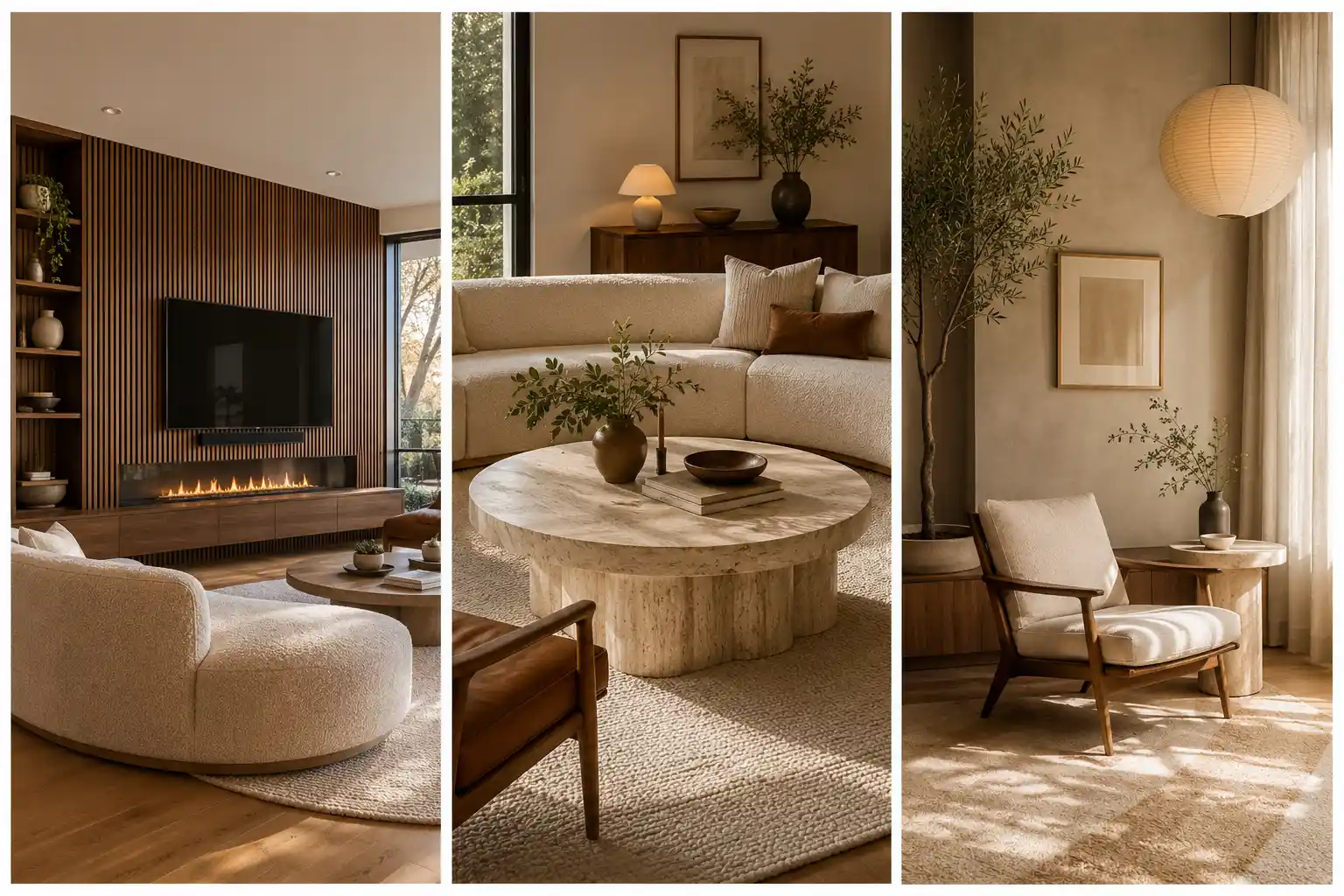 Luxury Mid-Century Modern living rooms collage featuring a walnut slat media wall with linear fireplace, curved cream boucle sofa, round travertine coffee table, sculptural walnut lounge chair, paper lantern pendant light, textured neutral rug, indoor olive tree, warm natural lighting, black framed windows, timeless contemporary furniture, elegant designer home decor, cozy luxury living room inspiration with natural wood finishes.