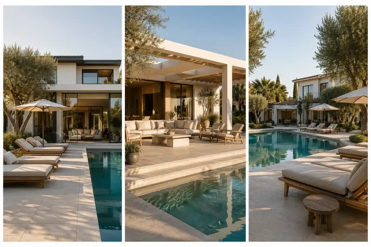 Luxury modern backyard poolside ideas featuring three elegant poolside designs with cream limestone decking, premium chaise lounge chairs, stylish covered outdoor lounge, contemporary white luxury homes, resort inspired swimming pools, modern outdoor living spaces, olive trees, landscaped gardens, sophisticated pool terraces, luxury backyard inspiration, high end poolside ideas for home, elegant outdoor entertaining areas, dream backyard makeover, contemporary landscape design with lounge zones.