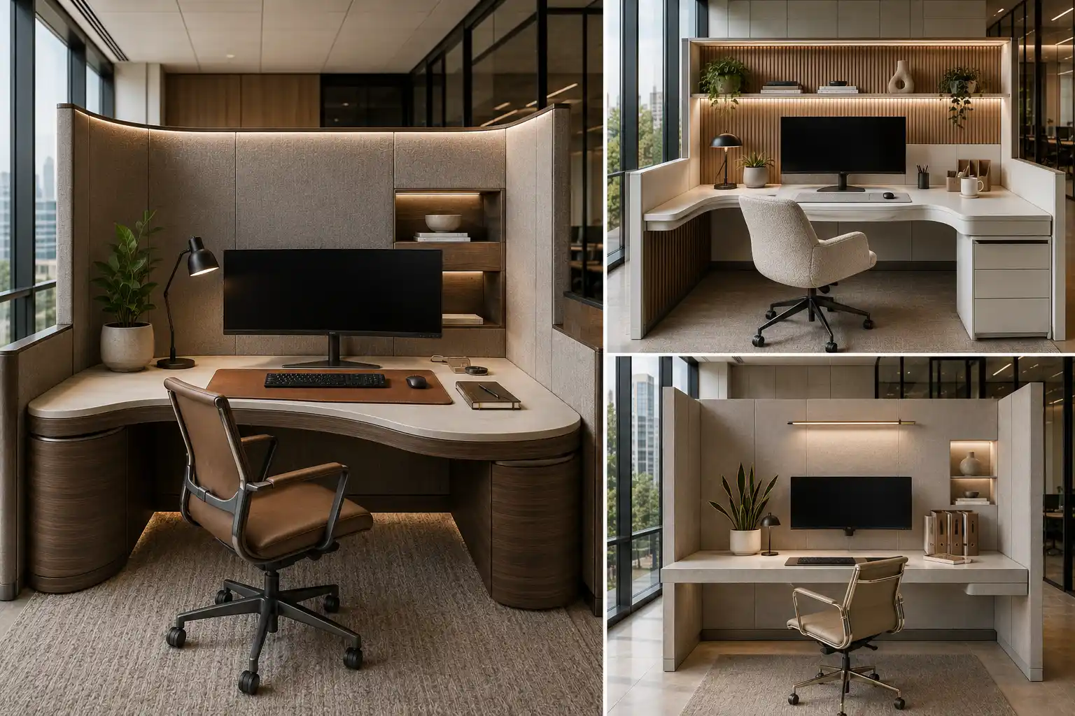 Luxury cubicle decor ideas featuring three modern office cubicle designs with curved executive desks, built in floating shelves, warm LED accent lighting, ergonomic office chairs, minimalist workspace organization, indoor plants, premium office furniture, neutral office decor, contemporary workstation styling, and elegant office inspiration for a productive workspace.