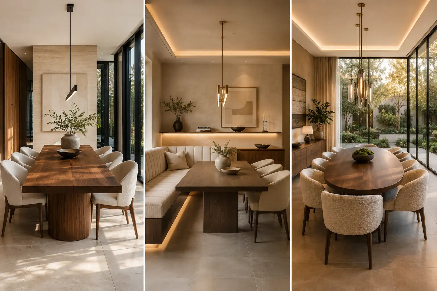 Luxury modern dining room ideas collage featuring three elegant 2026 dining room designs with a floating walnut dining table, custom built banquette seating, curved upholstered dining chairs, floor to ceiling black framed windows, designer pendant lighting, warm neutral décor, architectural lighting, premium wood finishes, and sophisticated contemporary home interior inspiration.