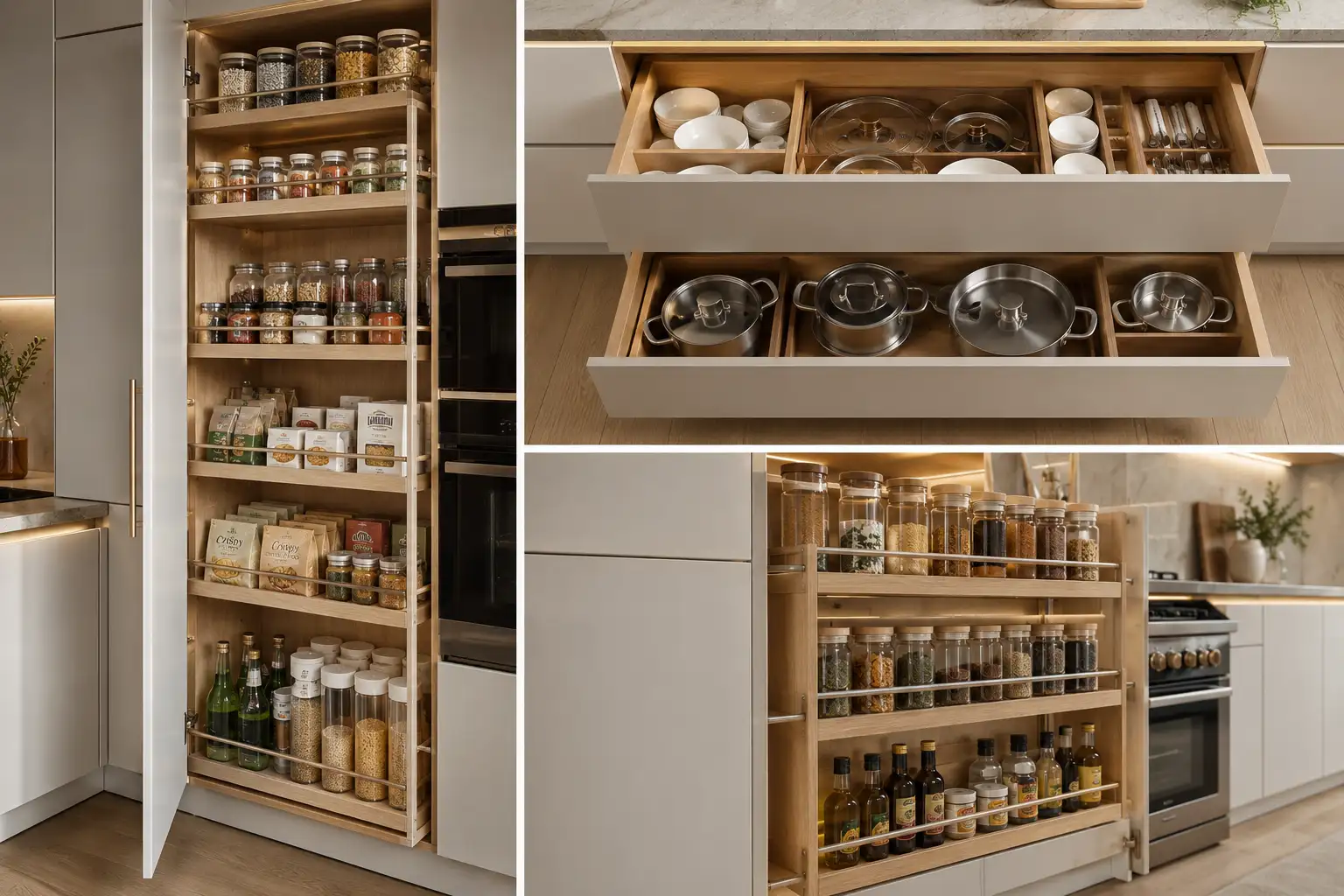 Luxury 11 Small Kitchen Storage Ideas That Look Custom and Cost Less collage featuring a full height pull out pantry, deep custom kitchen drawer organization, and a pull out spice rack cabinet with organized glass jars, cooking oils, seasonings, modern matte white cabinetry, warm wood interiors, built in LED lighting, premium kitchen organization solutions, space saving cabinet storage, custom kitchen design inspiration, elegant small kitchen ideas for maximum efficiency.