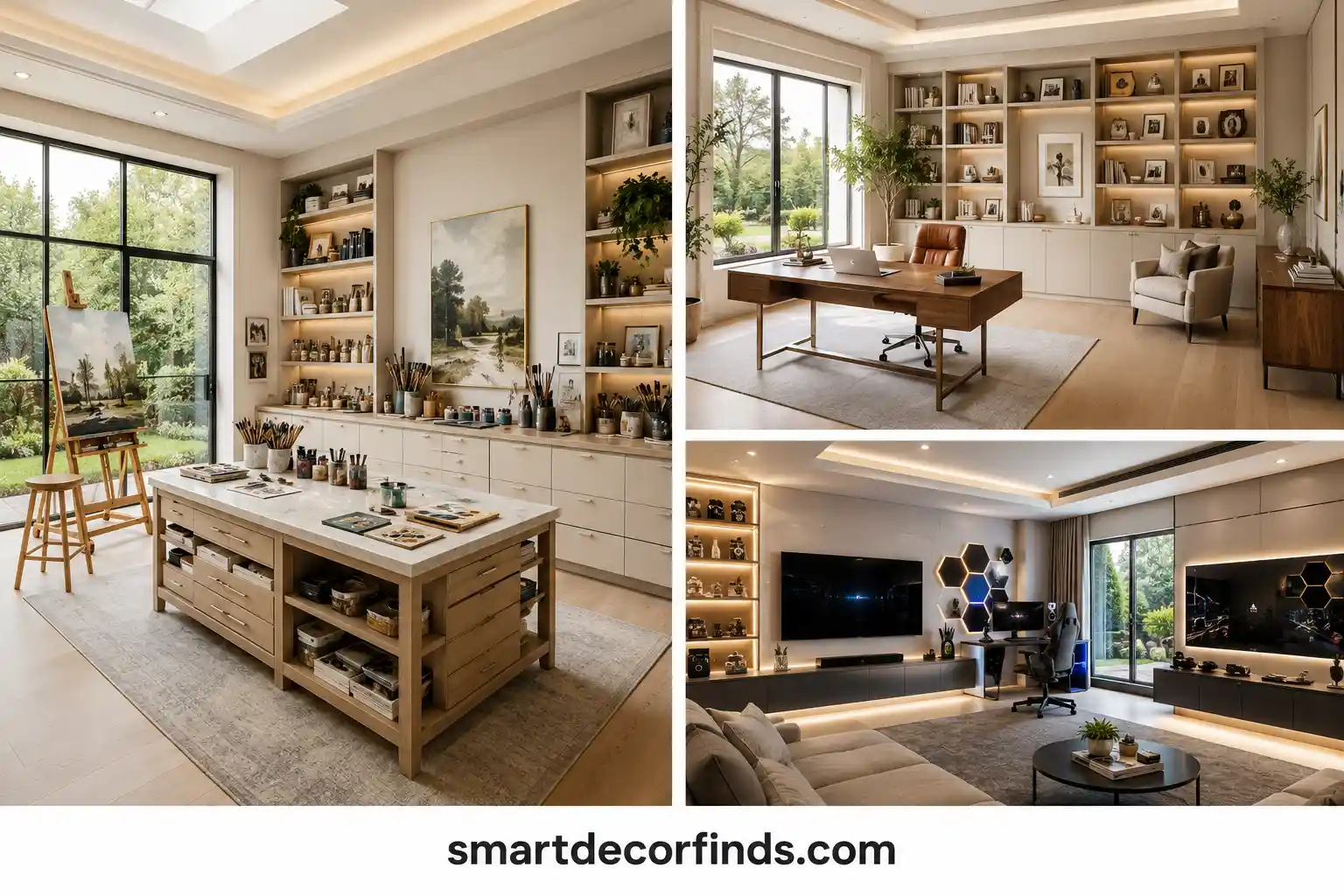 Luxury hobby room ideas collage featuring a bright modern home art studio with custom storage island, elegant executive home office with built in bookshelves, and premium gaming room with large entertainment wall, designer lighting, oversized windows, neutral contemporary interiors, custom cabinetry, organized creative workspaces, stylish home office inspiration, luxury hobby room designs, multifunctional hobby spaces, modern interior design ideas, upscale home organization, beautiful spare room makeover inspiration, functional creative rooms for every personality, elegant hobby room inspiration for modern homes.