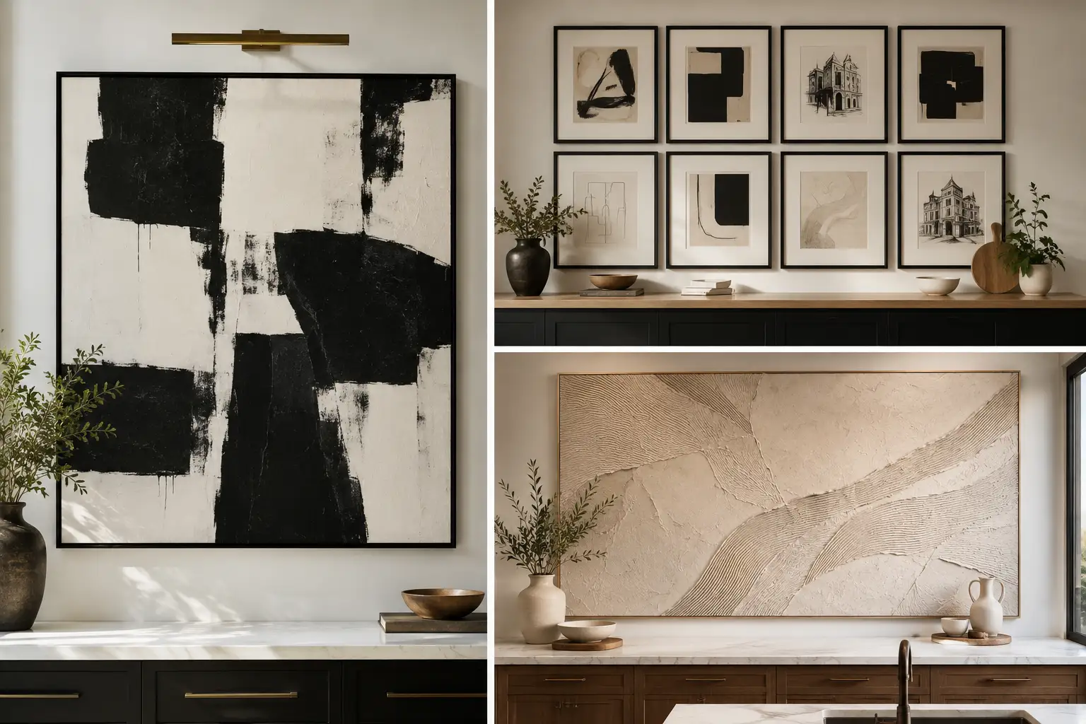 Editorial collage featuring three modern kitchen wall art ideas including an oversized black and white abstract canvas, a curated gallery wall with framed prints, and a large neutral textured canvas above contemporary kitchen countertops with luxury minimalist decor, wood cabinetry, and elegant designer styling.