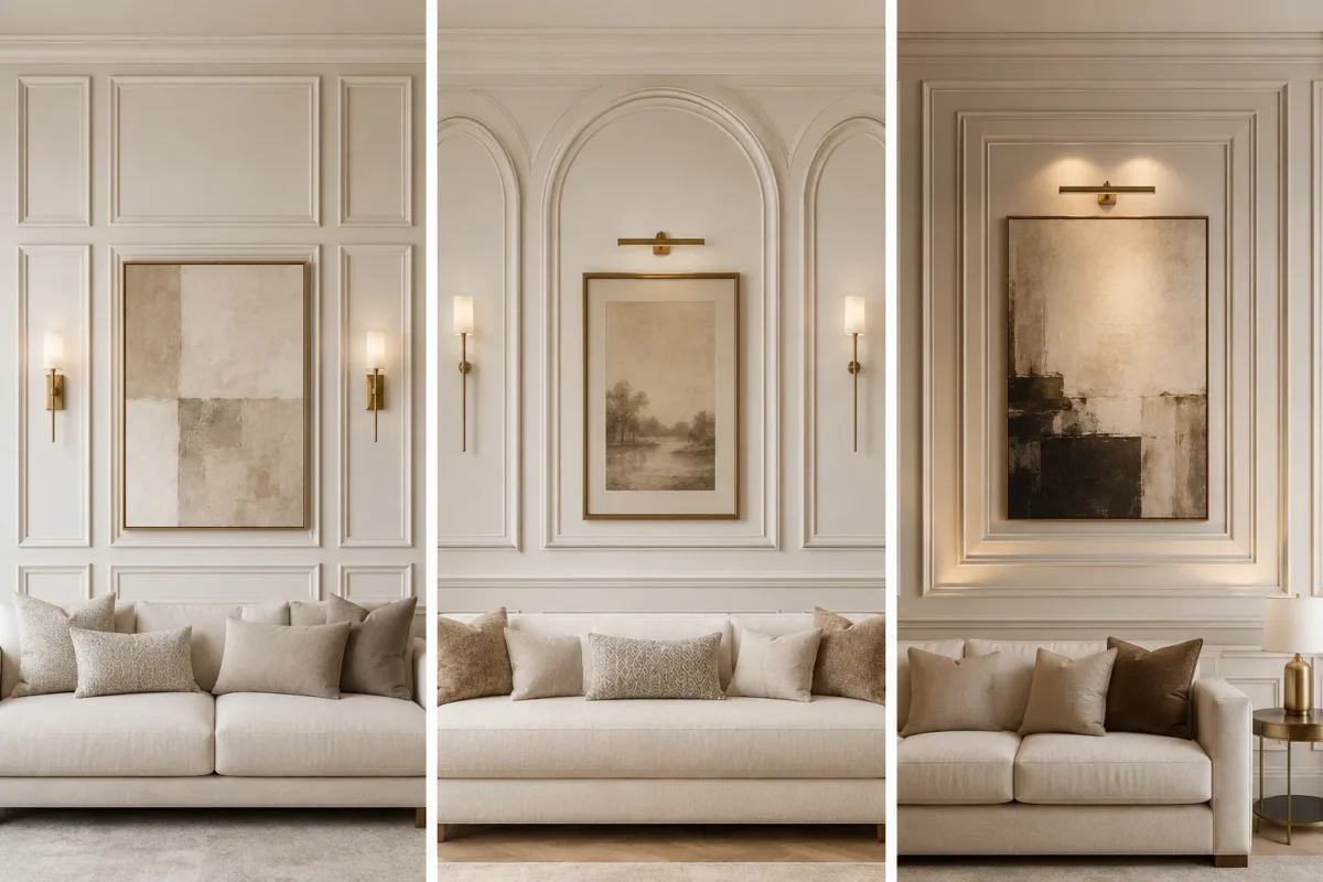 Luxury living room wall molding ideas inspiration featuring three elegant custom feature walls in a stylish editorial collage with oversized picture frame molding, classic arched wall molding, designer artwork, brass wall sconces, neutral cream sofas, architectural wall panels, and timeless built in living room wall designs for modern luxury homes.