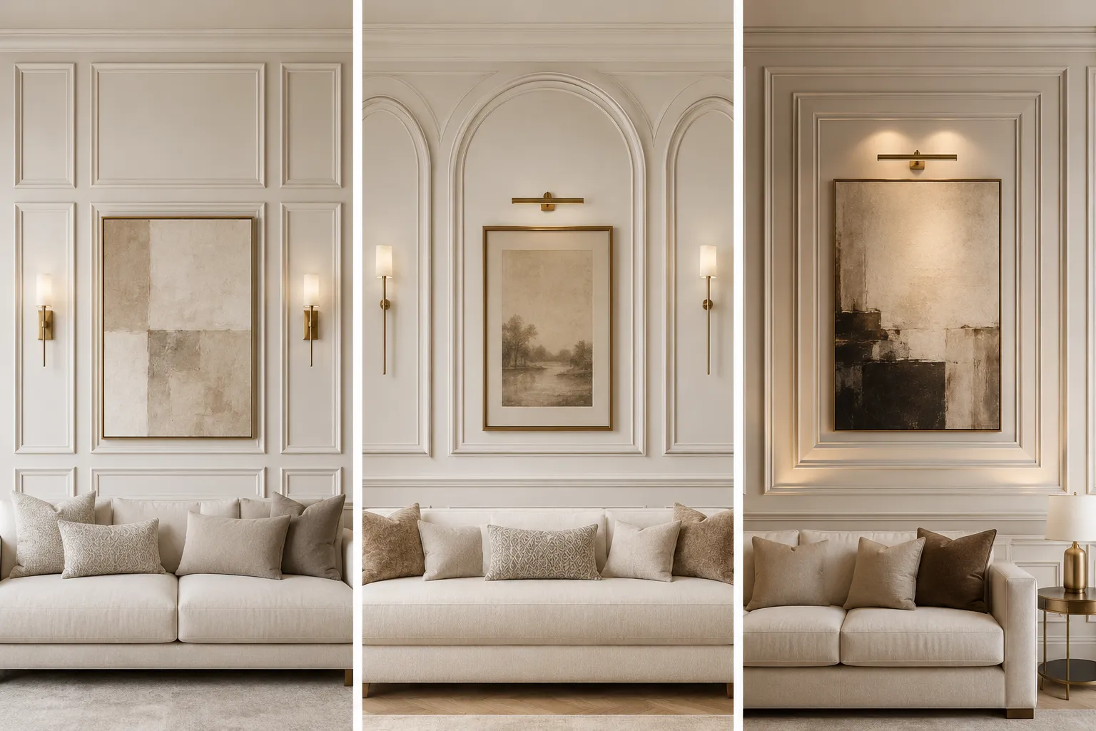 Luxury living room wall molding ideas inspiration featuring three elegant custom feature walls in a stylish editorial collage with oversized picture frame molding, classic arched wall molding, designer artwork, brass wall sconces, neutral cream sofas, architectural wall panels, and timeless built in living room wall designs for modern luxury homes.