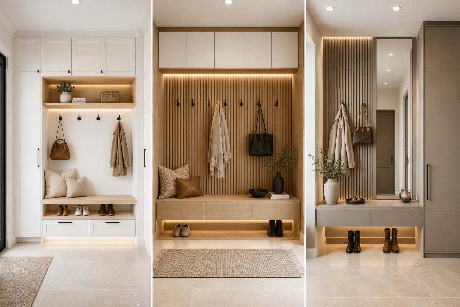 Modern IKEA mudroom ideas featuring three custom built in entryway designs with floor to ceiling storage cabinets, floating wood benches, vertical slat accent walls, warm LED lighting, hidden shoe storage, coat hooks, and stylish organization solutions for busy family entryways.