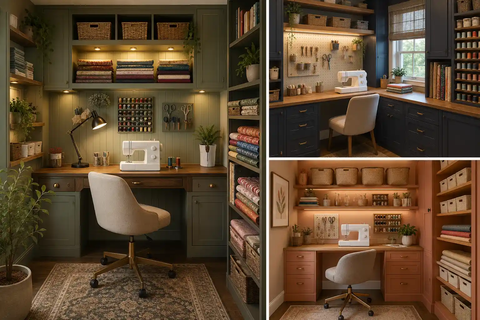 Elegant collage of small sewing room ideas featuring three beautifully organized sewing spaces with custom built in workstations, floating shelves, pegboard organization, fabric storage, thread racks, warm task lighting, premium cabinetry, and smart small sewing room organization solutions designed to maximize storage and functionality in compact craft rooms.