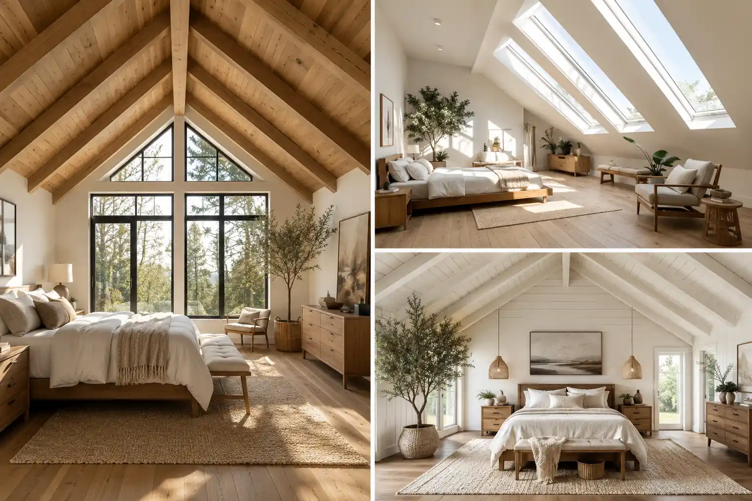Collage featuring three luxury slanted ceiling ideas with warm natural wood exposed beams, oversized skylights, white vaulted shiplap ceilings, floor to ceiling statement windows, neutral linen bedding, light oak furniture, woven rugs, indoor olive trees, modern farmhouse interiors, contemporary attic bedroom inspiration, elegant vaulted ceiling bedroom ideas, cozy luxury home decor, and beautiful sloped ceiling design showcasing three stylish ways to transform attic and loft spaces.