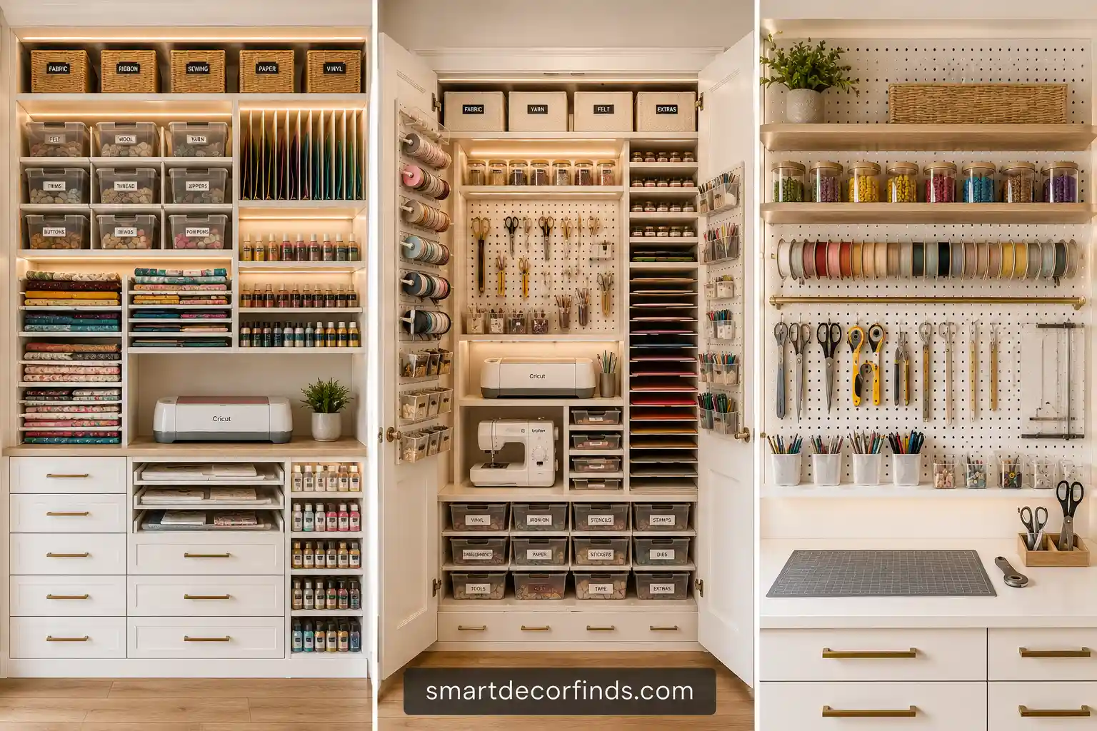 Premium craft room storage ideas featuring a custom built in organization wall with three beautifully arranged storage zones including floor to ceiling cabinets, a hidden craft closet, and a modern pegboard workstation. The space showcases Cricut machines, neatly folded fabric, colorful cardstock, ribbon storage, paint bottles, labeled bins, clear acrylic organizers, floating shelves, deep drawers, LED lighting, and smart craft room storage ideas that maximize every inch while keeping creative supplies organized, accessible, and clutter free.