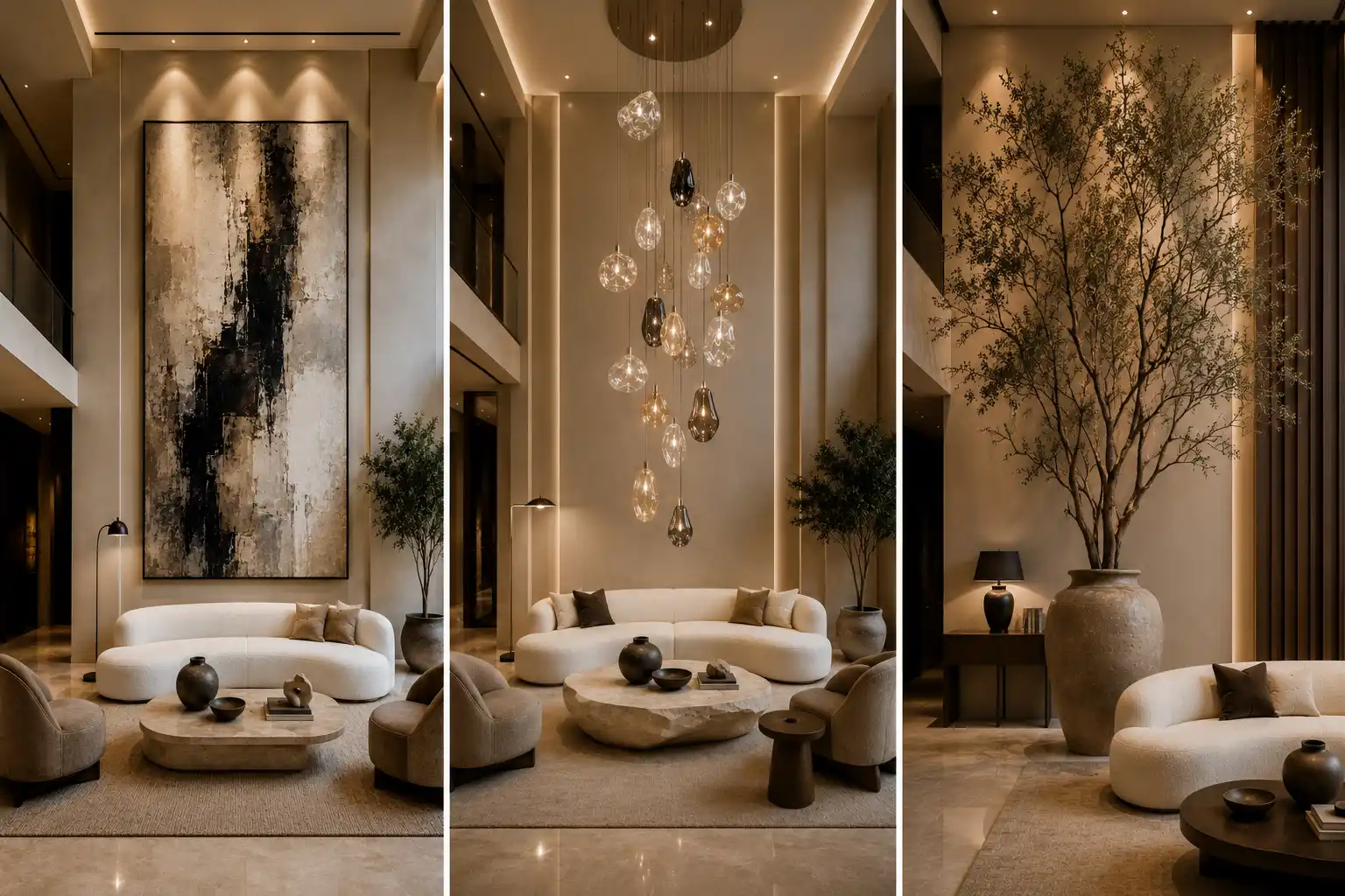 Luxury high ceiling living room decor collage featuring oversized vertical statement artwork, a cascading glass chandelier, and extra tall decorative branches in a large ceramic floor vase, styled with curved cream sofas, natural stone coffee tables, indoor trees, warm ambient lighting, and elegant modern double height interiors. vertical decor ideas