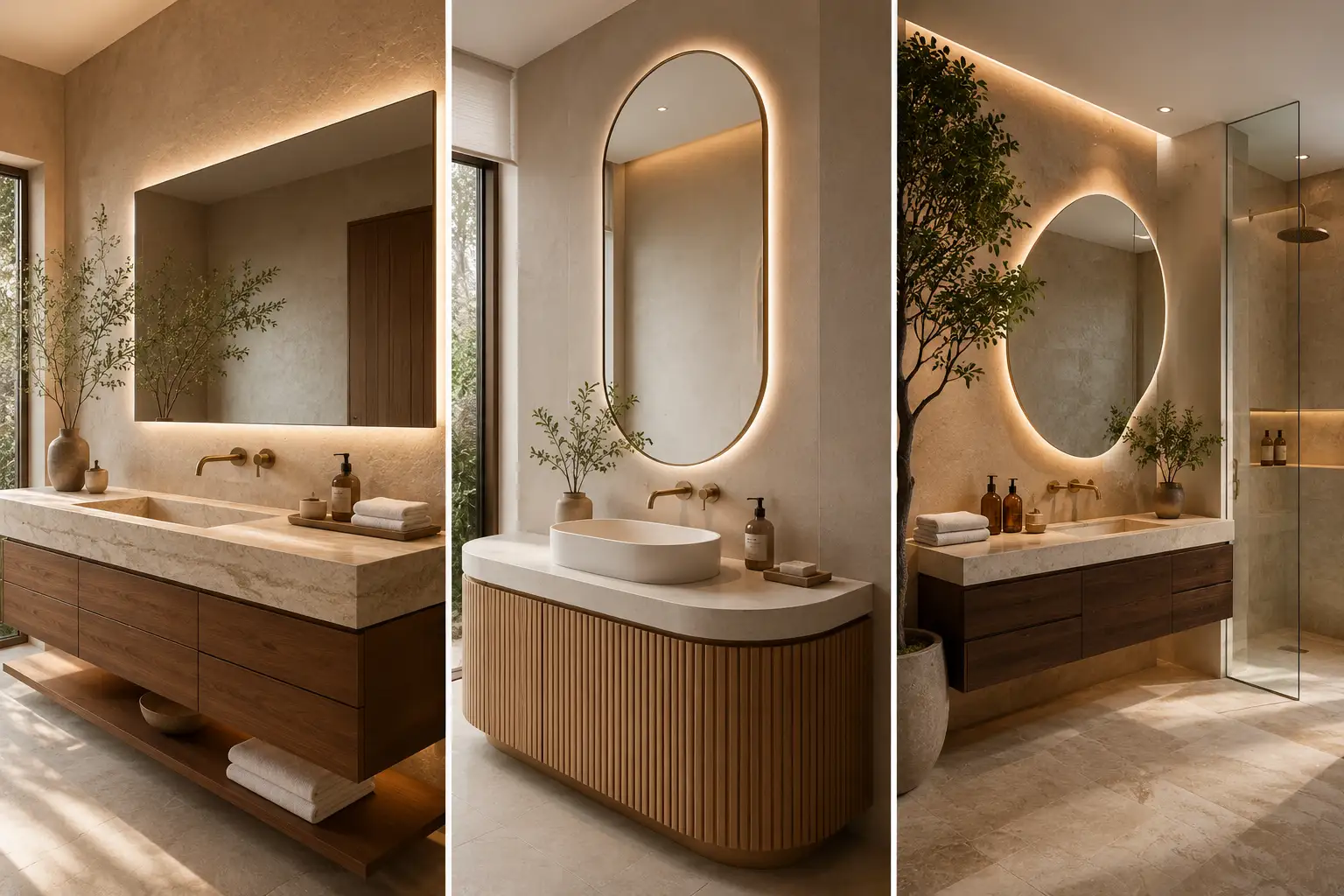 Three panel collage featuring modern vanity ideas, including a floating walnut vanity with travertine countertop and open towel shelf, a curved fluted wood vanity with vessel sink and pill shaped backlit mirror, and a spa inspired floating vanity with an organic mirror, indoor greenery, warm stone finishes, brass fixtures, and elegant neutral bathroom decor.