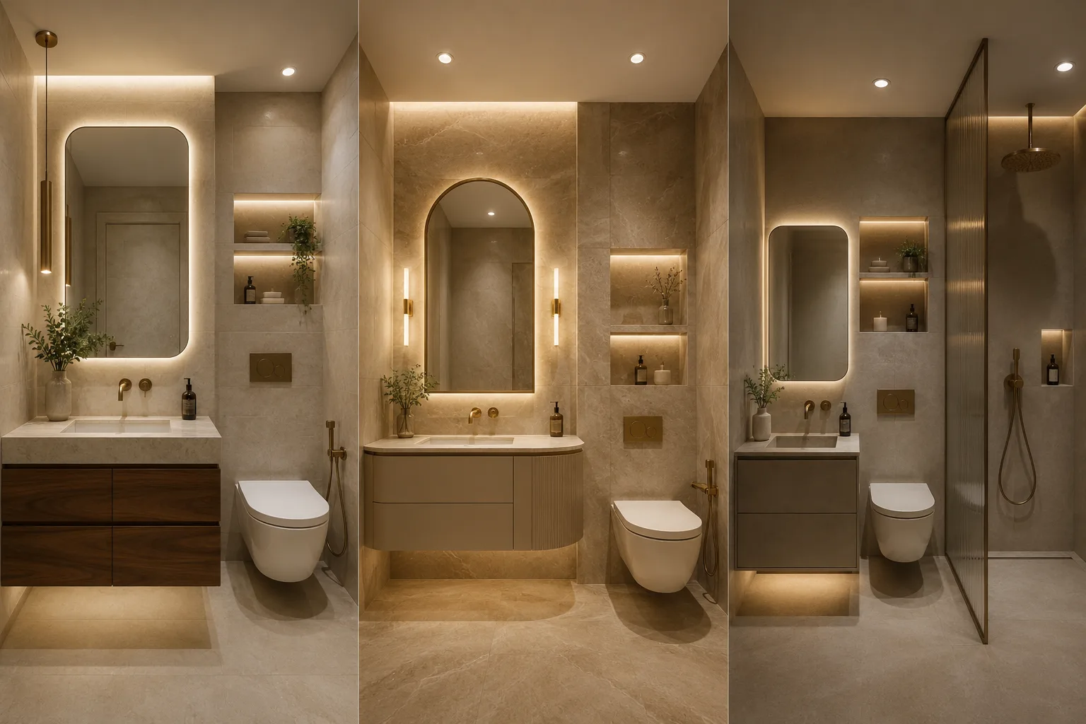 Three modern small bathroom decor ideas shown in a luxury interior grid, featuring floating vanities, warm stone walls, arched LED backlit mirrors, built in illuminated niches, wall mounted toilets, brass fixtures, ribbed glass shower details, and soft ambient lighting.