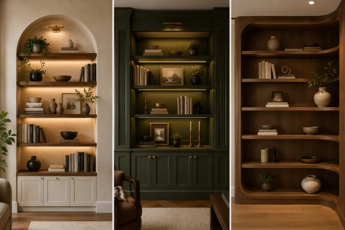 Three panel modern bookshelf ideas collage featuring a warm arched built in bookcase with wood shelves, a dark olive green library wall with integrated lighting, and a curved walnut bookshelf styled with books, ceramic decor, framed art, and greenery.