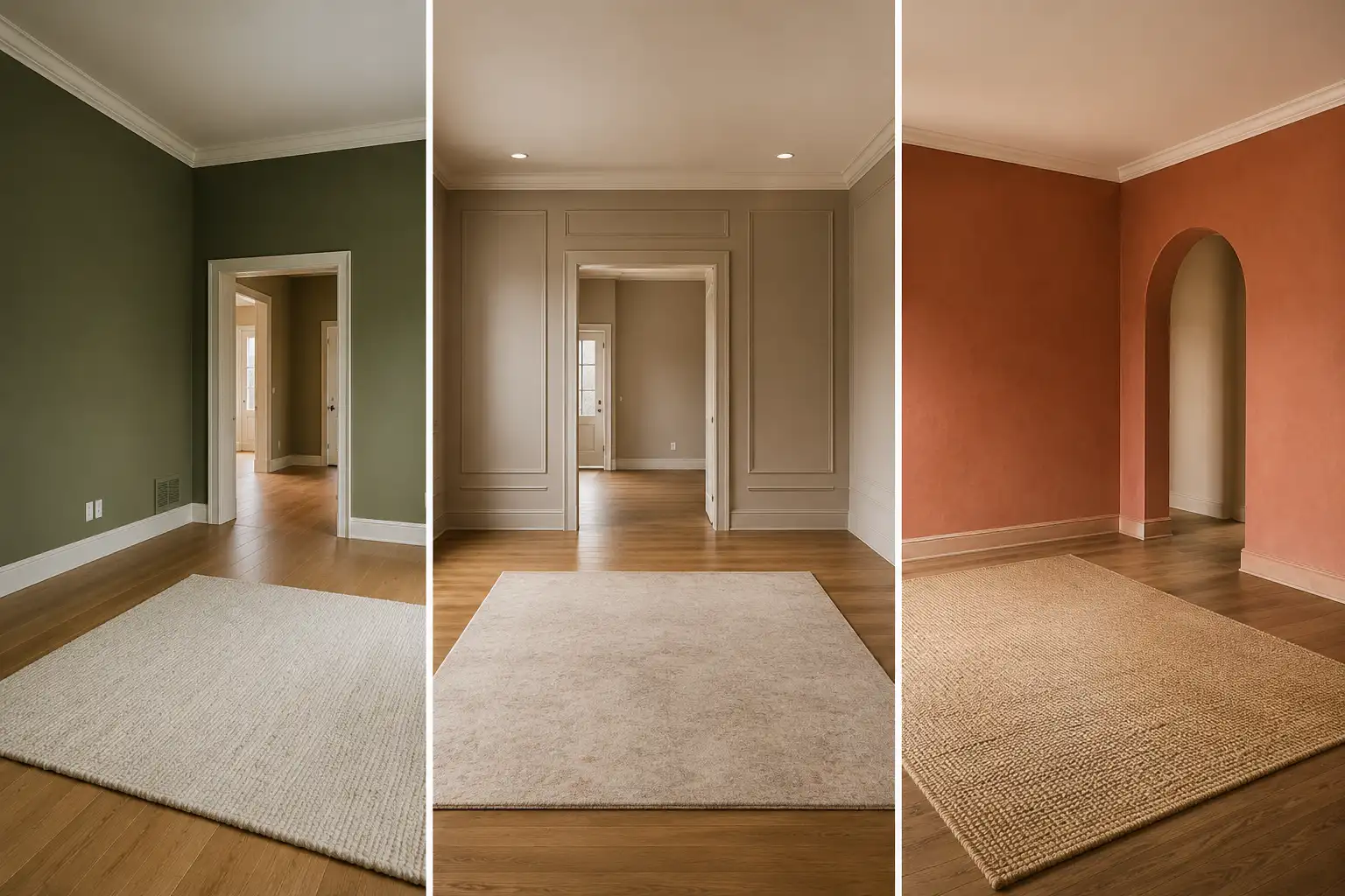 Horizontal three panel featured image showing empty living rooms with trending olive green, warm mushroom beige, and sun washed terracotta wall paint colors, paired with natural wood flooring, neutral area rugs, elegant wall molding, and arched architectural details.