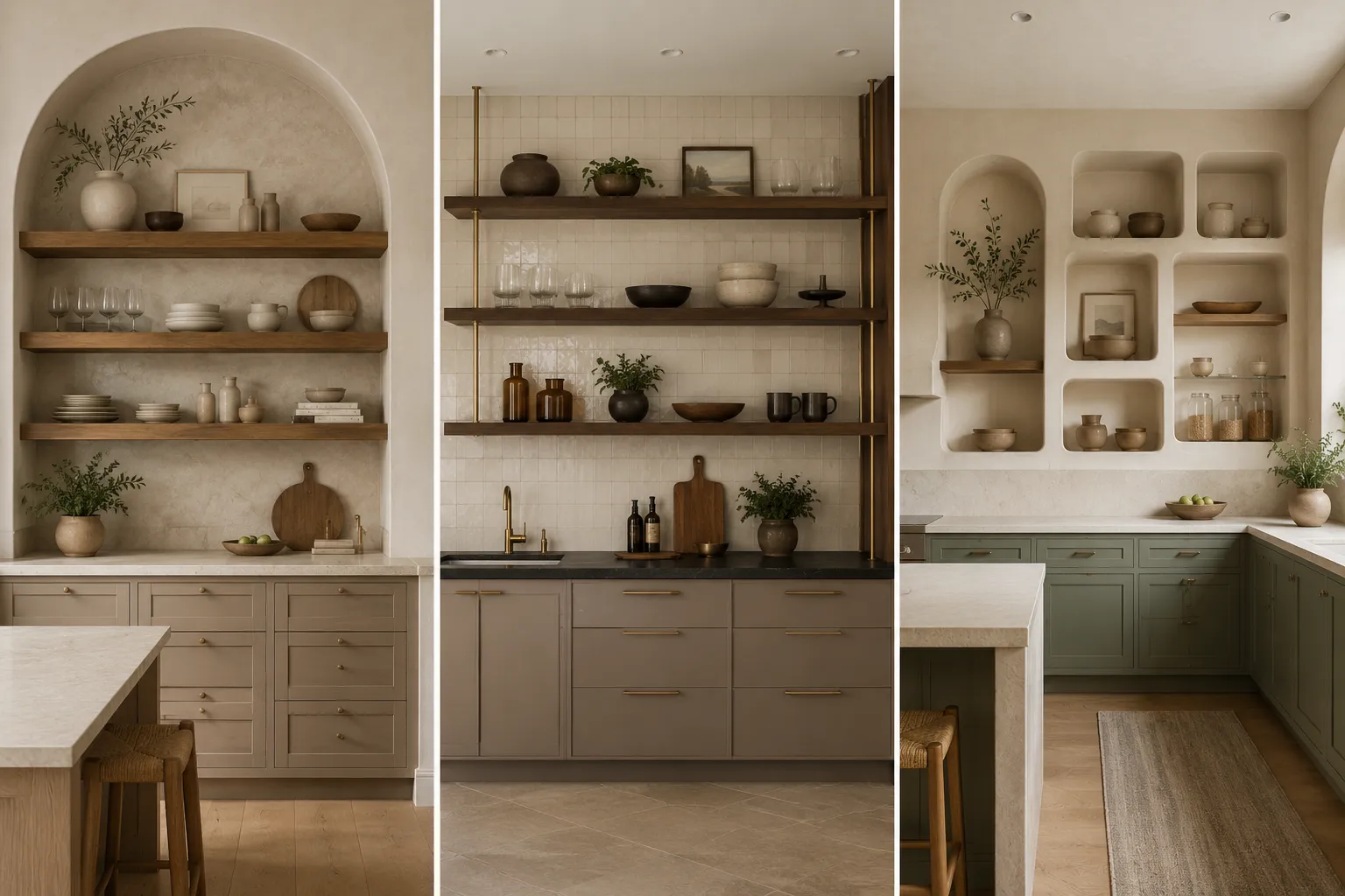 Modern open shelf kitchen ideas featured in a three image collage showing arched wood shelving, ceiling supported dark wood shelves with brass details, and sculptural built in wall niches styled with ceramic pottery, glassware, greenery, cutting boards, neutral cabinetry, sage green cabinets, and warm natural finishes.