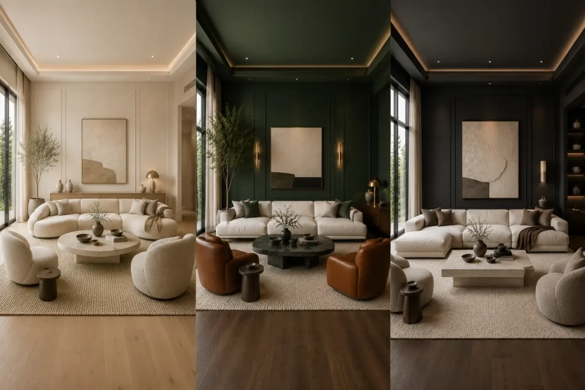 Three panel collage of modern luxury living rooms featuring warm ivory, deep forest green, and soft black living room paint colors, styled with cream sofas, sculptural accent chairs, natural stone coffee tables, textured neutral rugs, warm wood flooring, large windows, and elegant contemporary lighting.