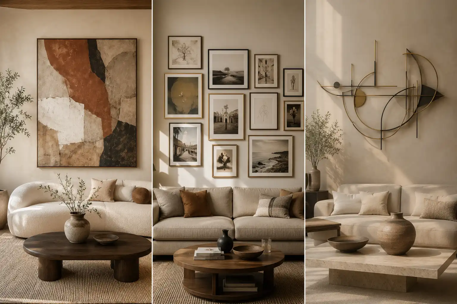 Horizontal featured image showcasing three stylish modern wall decor ideas in warm neutral living rooms, including oversized abstract statement art above a curved cream sofa, a curated gallery wall with framed photography and artistic prints, and a minimalist metal wall sculpture with geometric brass and dark metal details.