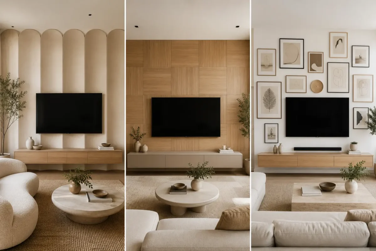 Modern TV wall ideas featured in a three image living room collage with a soft scalloped architectural TV wall, checkerboard wood panel TV wall, and modern gallery wall surrounding mounted televisions, styled with floating wood consoles, curved neutral seating, organic coffee tables, textured rugs, indoor greenery, and warm contemporary decor.