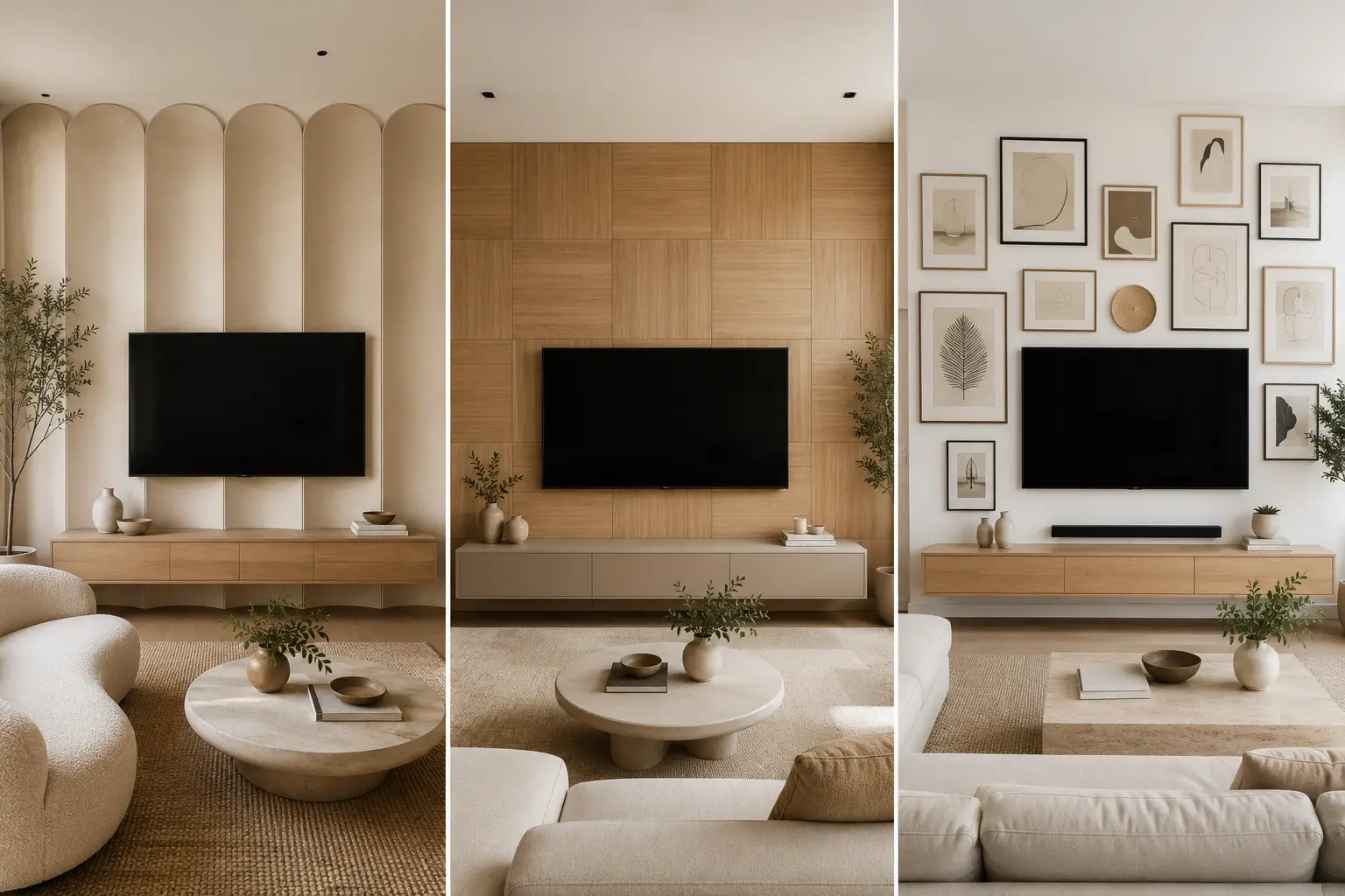 Modern TV wall ideas featured in a three image living room collage with a soft scalloped architectural TV wall, checkerboard wood panel TV wall, and modern gallery wall surrounding mounted televisions, styled with floating wood consoles, curved neutral seating, organic coffee tables, textured rugs, indoor greenery, and warm contemporary decor.