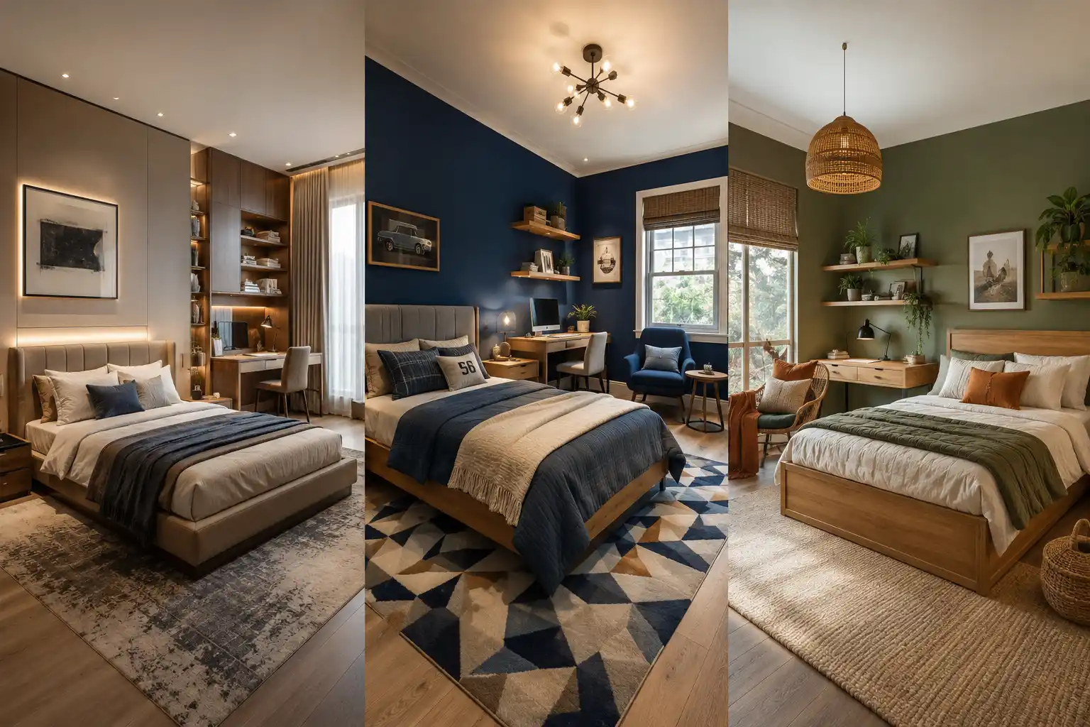 Modern boys’ room decor ideas featuring three stylish bedroom designs with a luxury neutral interior, bold navy blue bedroom, and earthy olive green room, complete with modern beds, layered bedding, study desks, statement rugs, warm wood furniture, smart storage, cozy seating, and contemporary lighting.