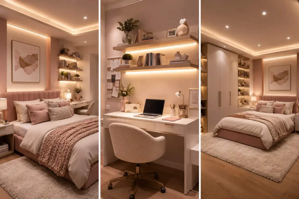 Featured collage of three blush pink dorm room ideas showcasing a cozy minimalist bedroom, modern white study desk with floating shelves, warm LED lighting, plush area rugs, built in wardrobe, soft pink upholstered bed, neutral décor, aesthetic college room setup, and stylish pink dorm room inspiration for small spaces.