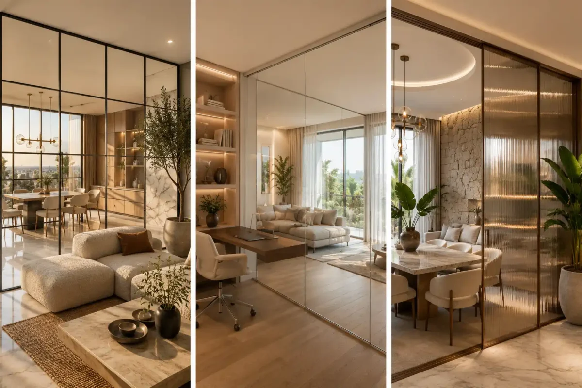 Luxury glass partition ideas collage featuring a black metal frame glass partition, frameless floor to ceiling glass partition, and fluted reeded glass partition in modern open concept interiors with marble flooring, neutral furniture, designer lighting, large windows, natural sunlight, and contemporary luxury home décor inspiration.