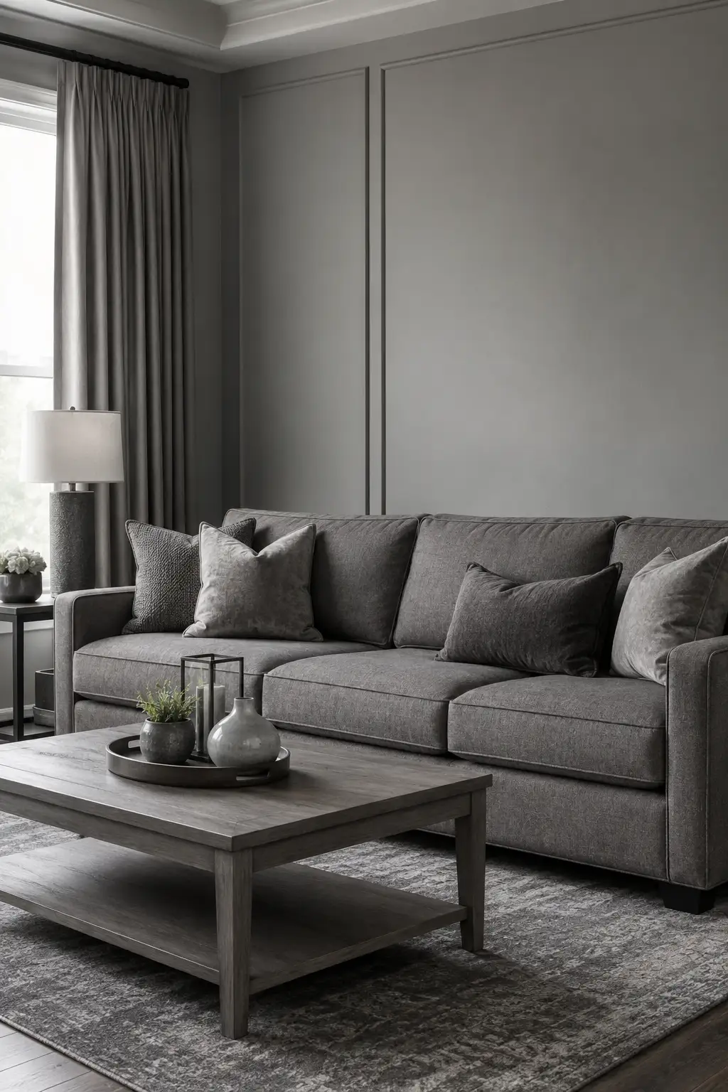 Outdated all gray living room featuring a charcoal gray sofa, matching gray throw pillows, cool gray paneled walls, floor length gray curtains, a gray patterned area rug, and a weathered gray wood coffee table, showing how monochromatic gray home decor can make a living room feel cold and dated.