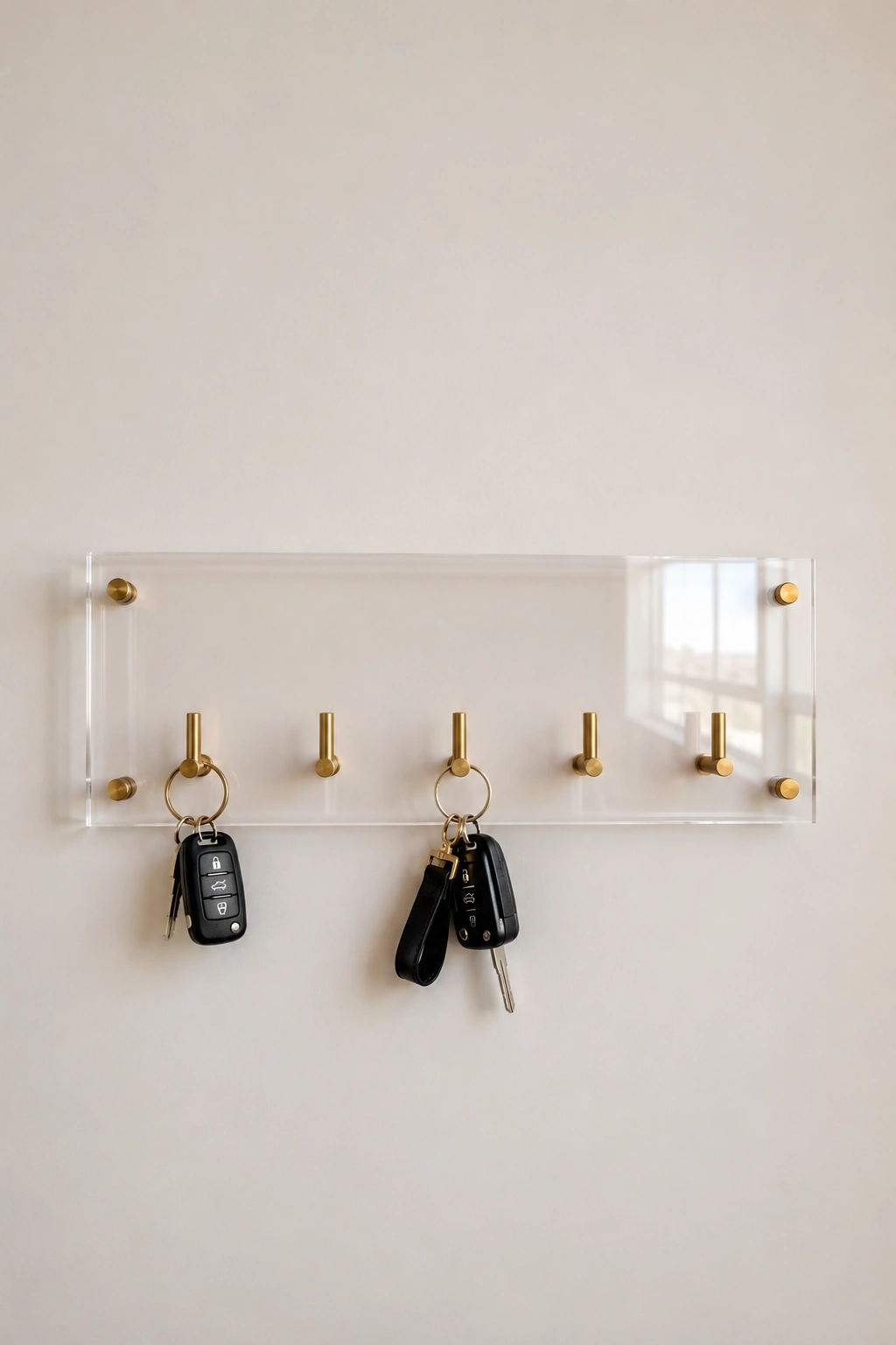 Modern clear acrylic DIY key holder mounted on a warm cream wall, featuring transparent acrylic, brushed brass hooks, black car keys, silver house keys, and a clean floating design for stylish entryway organization and modern wall storage.
