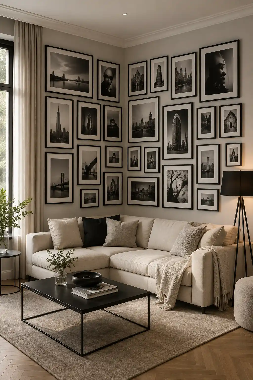 Modern living room with a balanced corner wall gallery featuring multiple black framed photographs arranged across two adjoining walls, creating a cohesive focal point above a cream sectional sofa with a black coffee table, neutral rug, floor lamp, and natural window light.