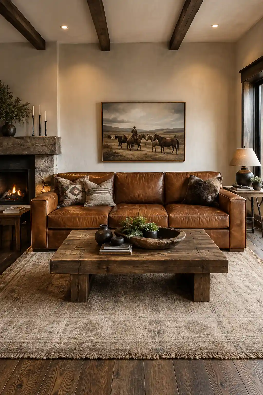 Luxury Western living room featuring a large cognac leather sofa with natural distressed leather, a reclaimed wood coffee table, warm cream walls, exposed dark wood ceiling beams, a rustic stone fireplace, oversized Western ranch landscape artwork, earthy patterned cushions, textured neutral area rug, dark hardwood flooring, and sophisticated polished ranch-style home decor.