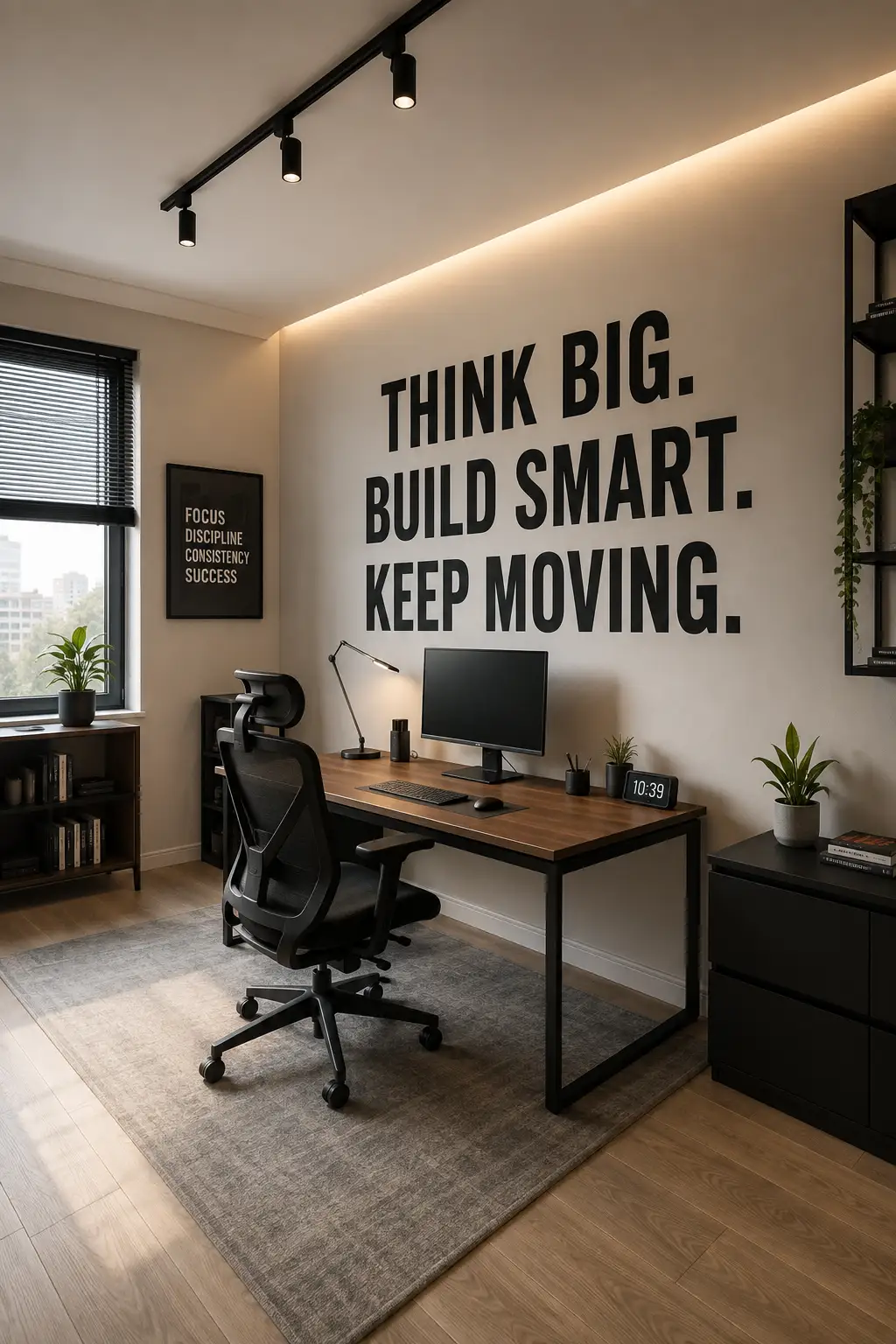 Modern small office featuring an oversized motivational typography wall with the words “THINK BIG. BUILD SMART. KEEP MOVING.” in bold black lettering, warm LED strip lighting along the upper wall, a contemporary walnut and black desk, ergonomic mesh office chair, minimalist monitor setup, black storage cabinet, floating shelving, indoor plants, large window with black blinds, neutral rug, warm wood flooring, and sophisticated modern office decor.