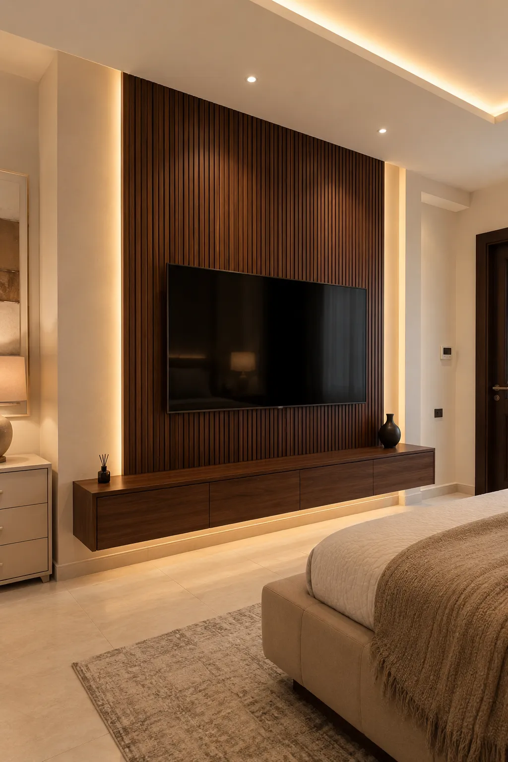Modern couples bedroom with a warm walnut slat TV wall featuring a large black flat screen television, full height vertical wood panels, long floating walnut media console, concealed warm LED lighting around the feature wall, cream plaster walls, neutral bedding, soft beige rug, minimalist decor, and an elegant contemporary interior photographed from a wide angle.