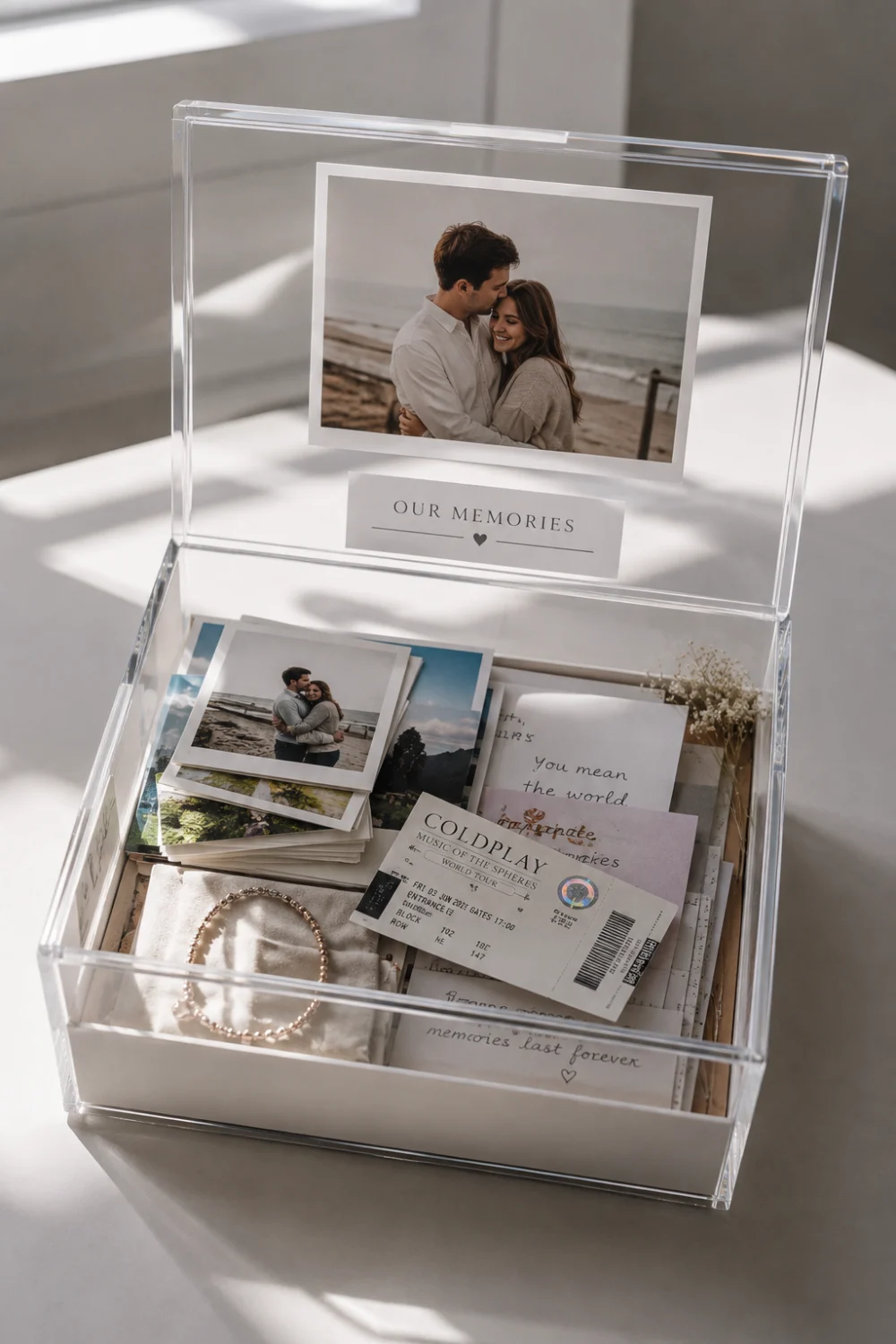 Modern clear acrylic DIY memory box displayed open on a contemporary tabletop, filled with printed couple photos, handwritten letters, concert tickets, travel photographs, a bracelet, small sentimental keepsakes, and a personalized Our Memories card