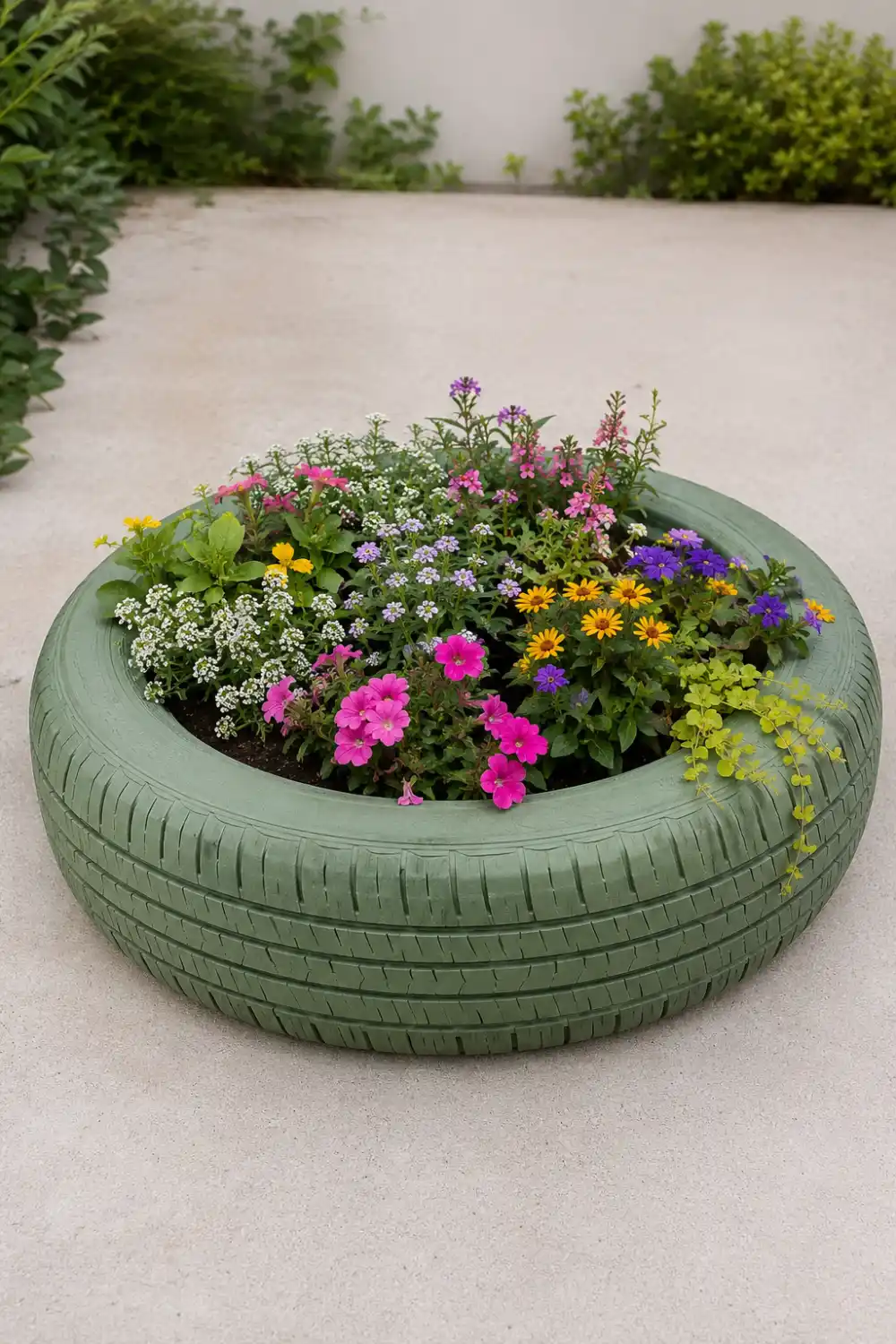 Sage green old tire flower planter filled with colorful pink, purple, yellow, and white flowers, lush green foliage, dark potting soil, and trailing plants on a modern outdoor patio garden