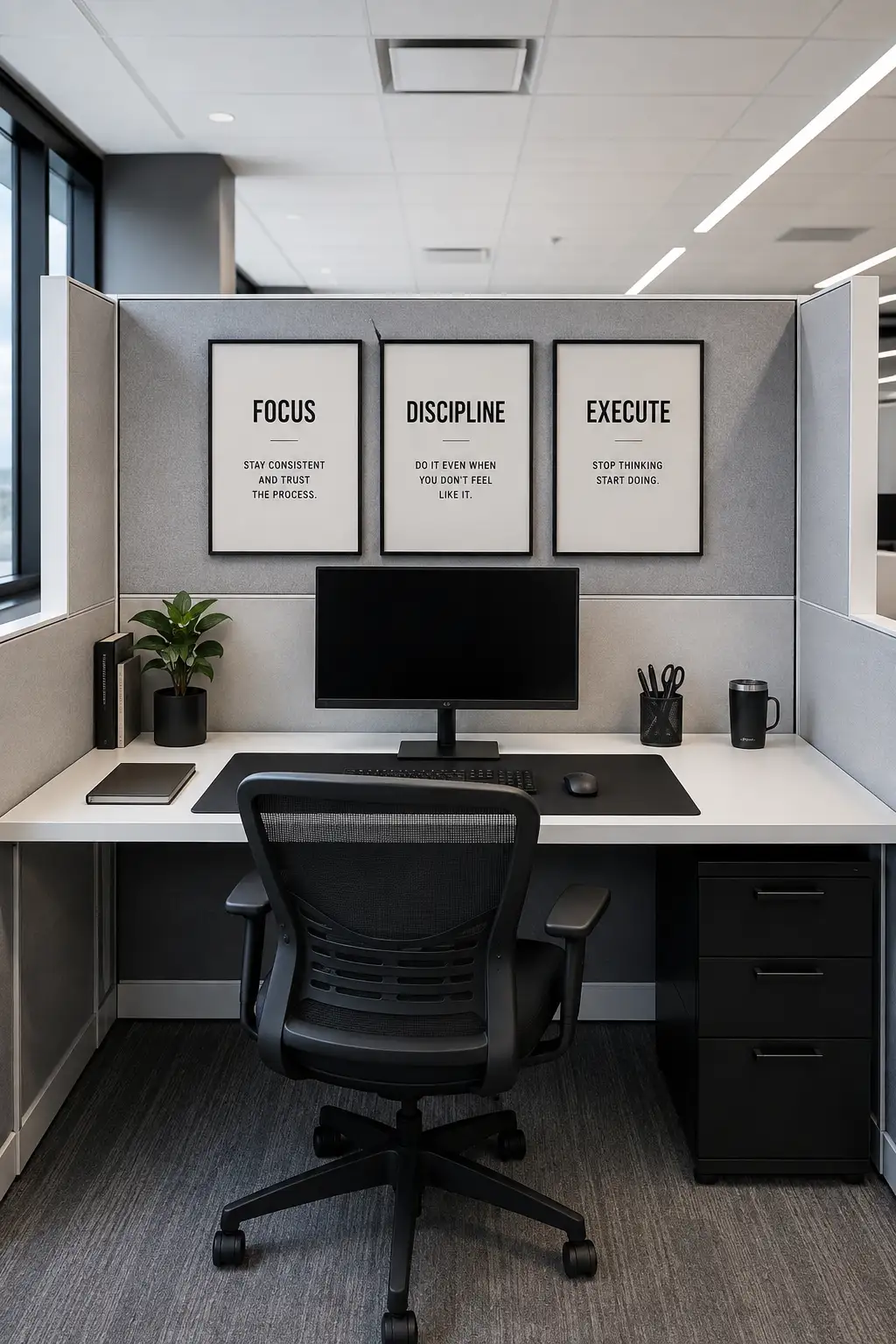 Modern minimalist cubicle with three large framed motivational prints arranged neatly on a gray office partition wall, featuring bold productivity words and clean typography. The workspace includes a white desk, black ergonomic office chair, centered computer monitor, black desk accessories, small indoor plant, notebook, storage drawers, and a professional neutral color palette. The full cubicle is shown from a straight-on perspective with a clean, organized layout designed to create a focused, motivating, and productive work environment.
