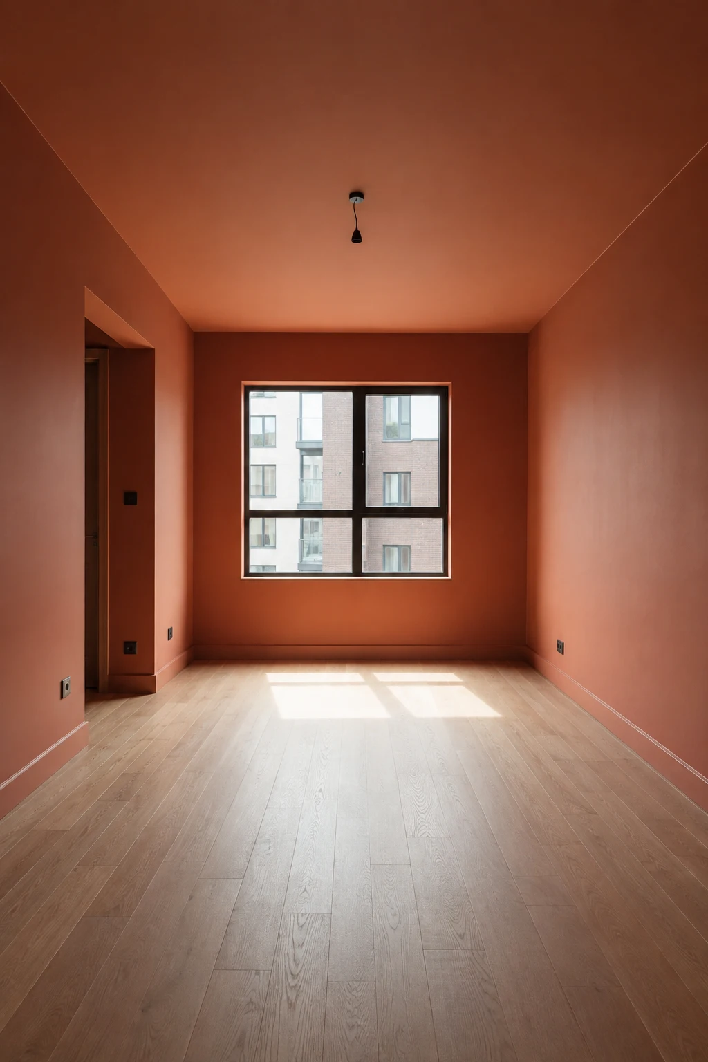 Empty modern bedroom featuring all four walls painted in a rich warm terracotta shade, with a clean white ceiling, light natural wood flooring, large central window, simple architectural doorway, realistic matte wall texture, soft natural daylight, and a spacious contemporary interior designed to showcase the terracotta bedroom paint color.