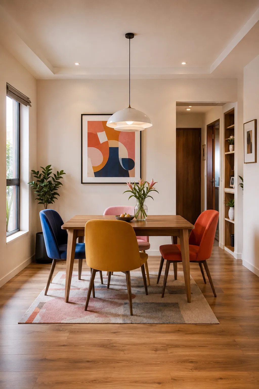 Colorful small dining room featuring a warm natural wood rectangular dining table, four mismatched upholstered dining chairs in deep blue, mustard yellow, soft pink, and terracotta, a modern white pendant light, large colorful abstract artwork, patterned neutral area rug, tall window with natural daylight, warm wood flooring, cream walls, indoor plant, and cozy contemporary décor designed for a compact home.