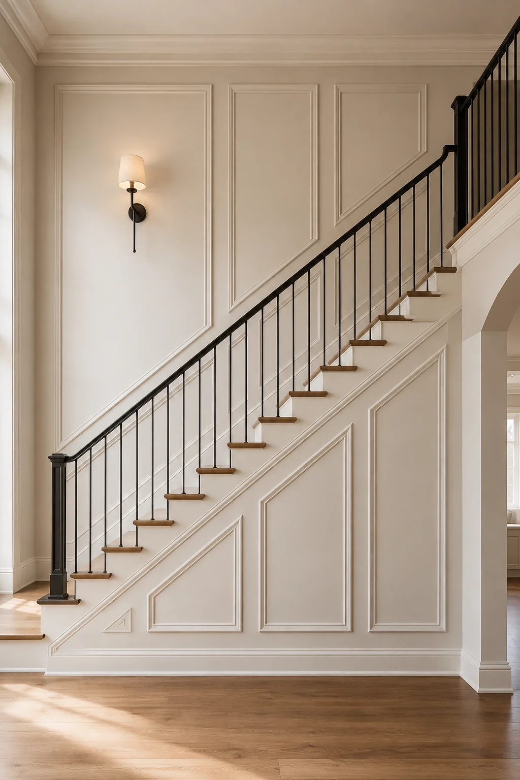 Elegant staircase paneling idea featuring warm cream picture frame molding across a tall staircase wall, large rectangular wall panels, custom angled molding following the stair line, natural oak stair treads, white risers, slim black metal railing, and a modern wall sconce for a polished architectural finish.