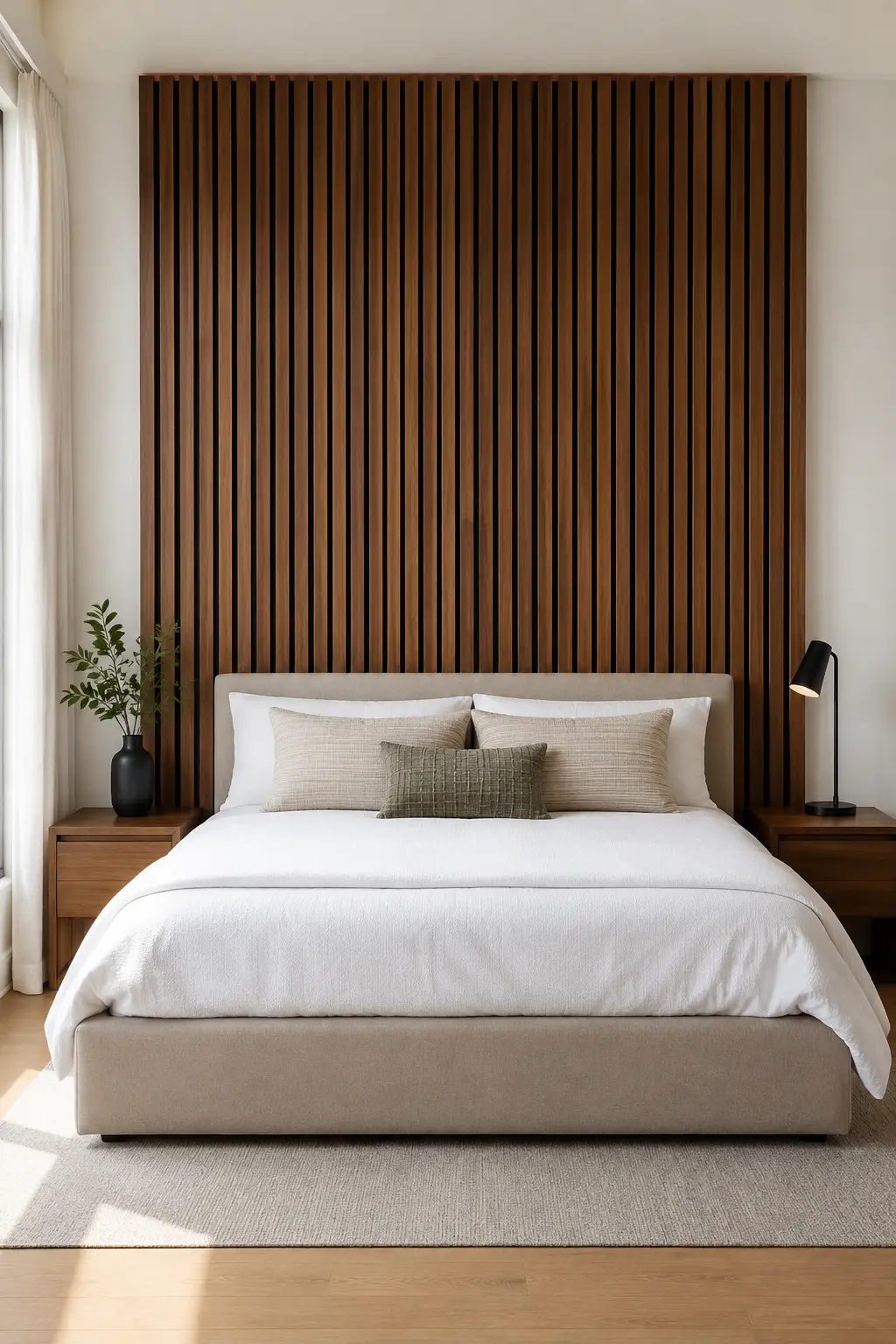 Modern DIY full-wall vertical wood slat headboard in a contemporary bedroom, featuring evenly spaced warm walnut wood slats with deep dark recessed gaps extending from behind the upholstered bed almost to the ceiling, creating a tall architectural focal wall. The bed has a soft beige upholstered frame, crisp white duvet, layered neutral pillows, a small textured accent cushion, matching walnut nightstands, a matte black modern bedside lamp, a simple dark vase with greenery, light floor-length curtains, pale wood flooring, and a neutral textured area rug. The headboard spans substantially wider than the bed and is captured in a straight-on front-facing view with the entire wood slat installation clearly visible from edge to edge and top to bottom.