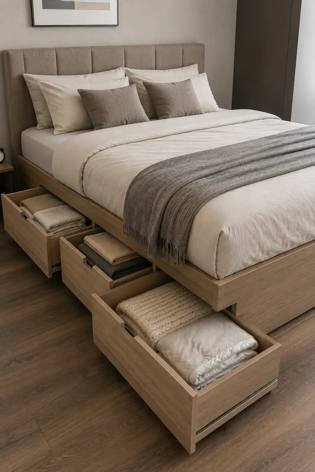 Modern small bedroom featuring a contemporary upholstered bed with multiple deep pull-out under-bed storage drawers, neatly organized with folded blankets, pillows, towels, and seasonal bedding. The warm wood flooring, neutral bedding, and practical hidden storage create an efficient space-saving bedroom storage solution.