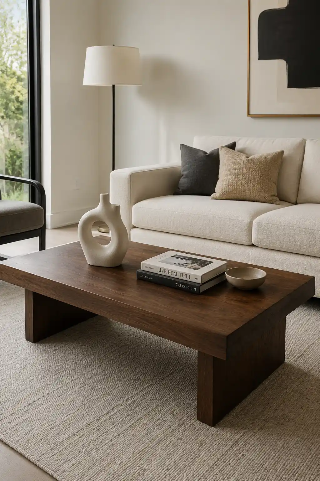 Modern dark walnut rectangular coffee table styled with an asymmetrical cream sculptural ceramic vase, stacked neutral coffee table books, and a small beige decorative bowl in a sophisticated contemporary living room with a cream sofa, textured rug, natural daylight, and minimalist interior decor.
