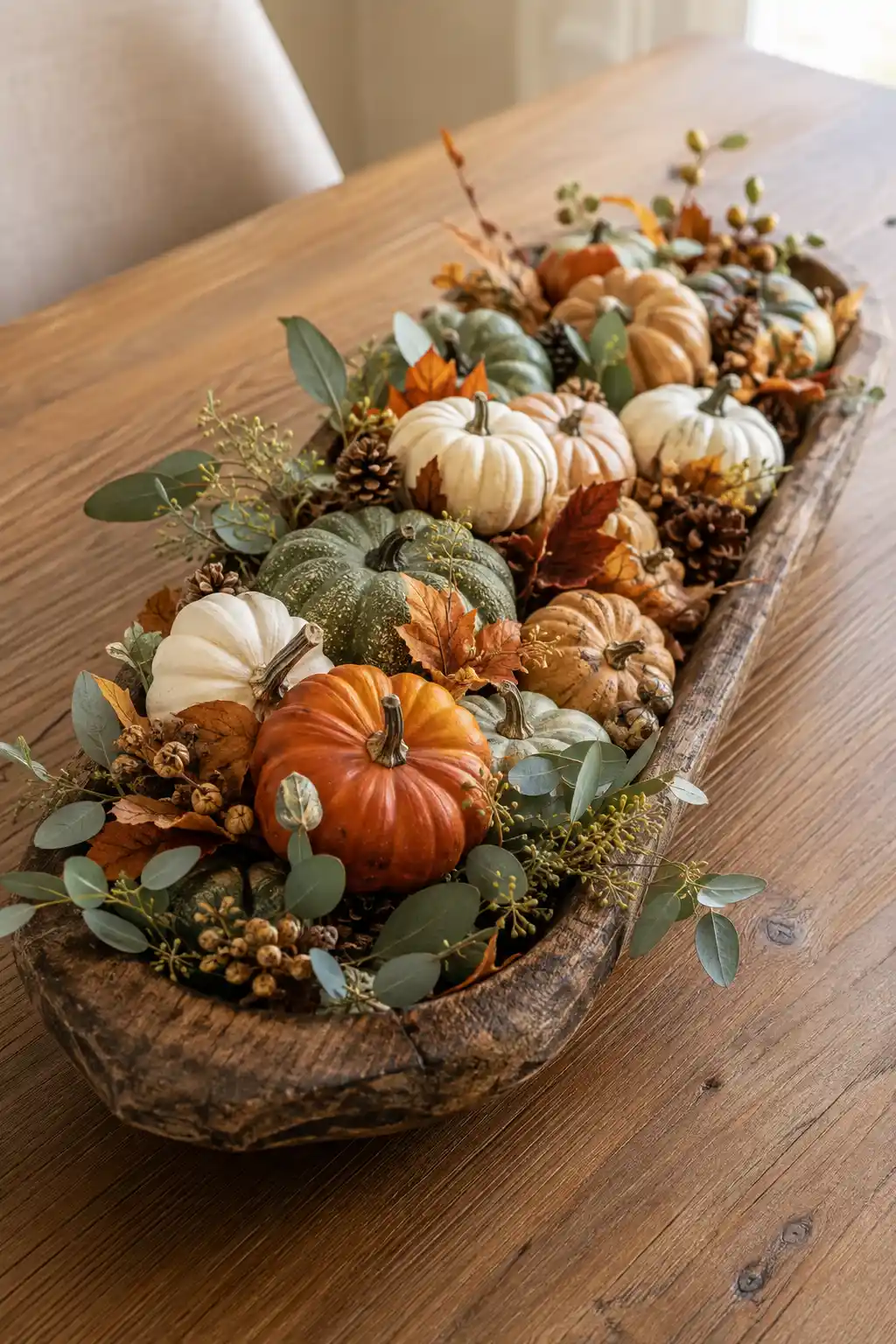 Long weathered wooden dough bowl arranged with assorted miniature pumpkins in cream, muted sage green, soft tan, and burnt orange, layered with eucalyptus leaves, pinecones, dried autumn leaves, tiny berries, delicate branches, and natural harvest foliage on a warm wooden dining table, creating a cozy and abundant fall centerpiece.