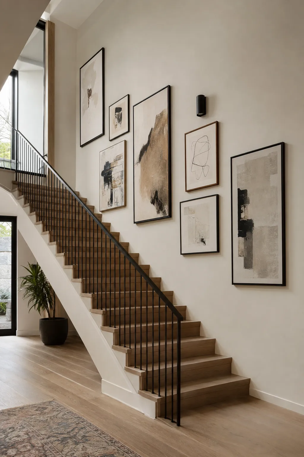 Modern staircase wall featuring a curated gallery of neutral abstract artwork in mixed-size black and natural wood frames, arranged along a warm white wall beside natural oak stairs and a sleek black railing. The elegant staircase gallery wall creates a sophisticated contemporary home decor look with balanced artwork placement, soft natural lighting, and a refined neutral color palette.