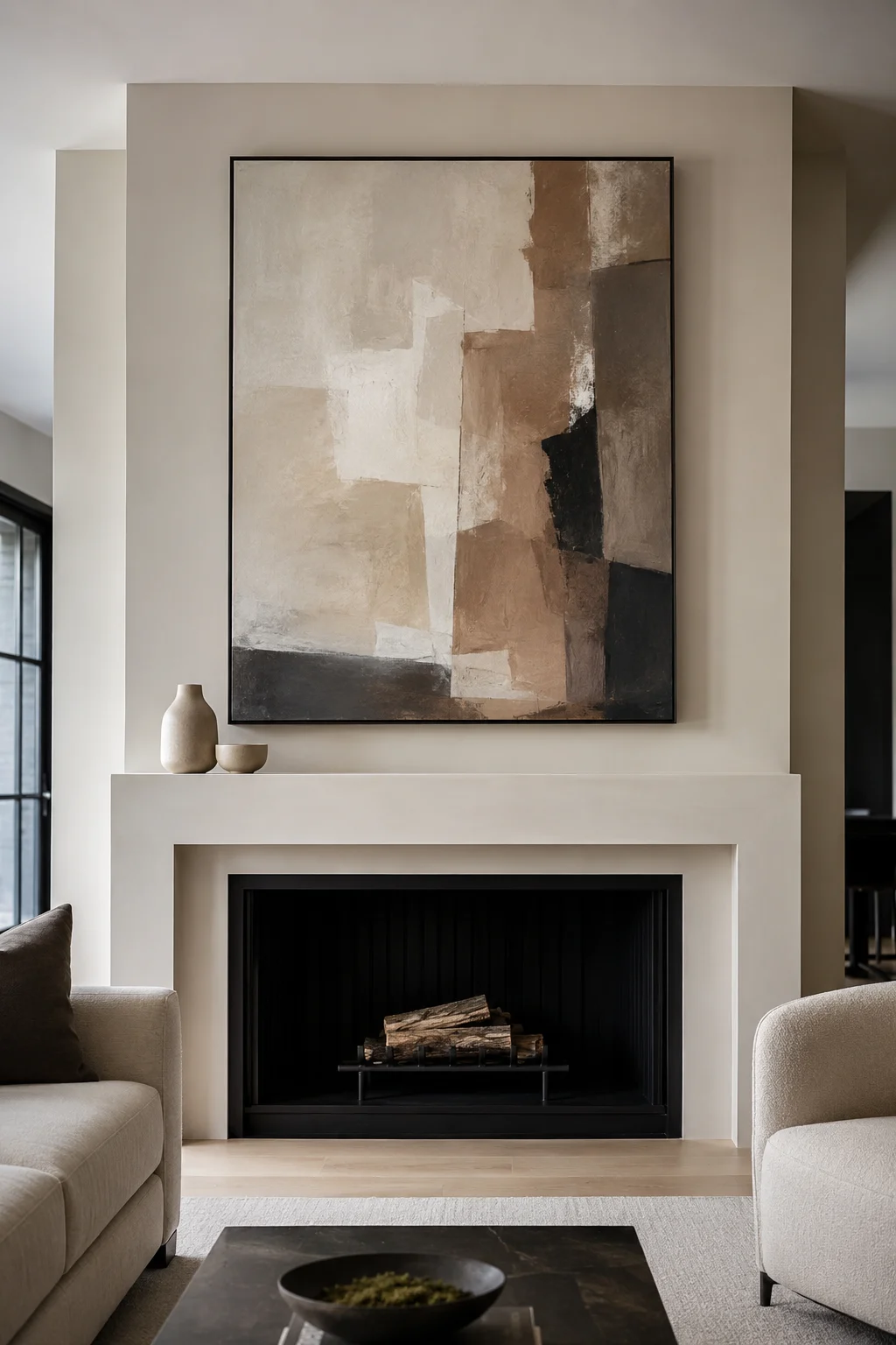 Modern white fireplace mantel with a large oversized abstract artwork in beige, taupe, cream, warm brown, and charcoal tones, creating a sophisticated focal point above a clean contemporary fireplace. The minimalist mantel is styled with a small textured ceramic vase and matching low bowl, while the deep black firebox creates strong contrast against the light fireplace surround. Neutral cream sofas frame the fireplace on both sides, with a soft light rug, dark coffee table, warm wood flooring, and subtle natural daylight completing the refined modern living room.