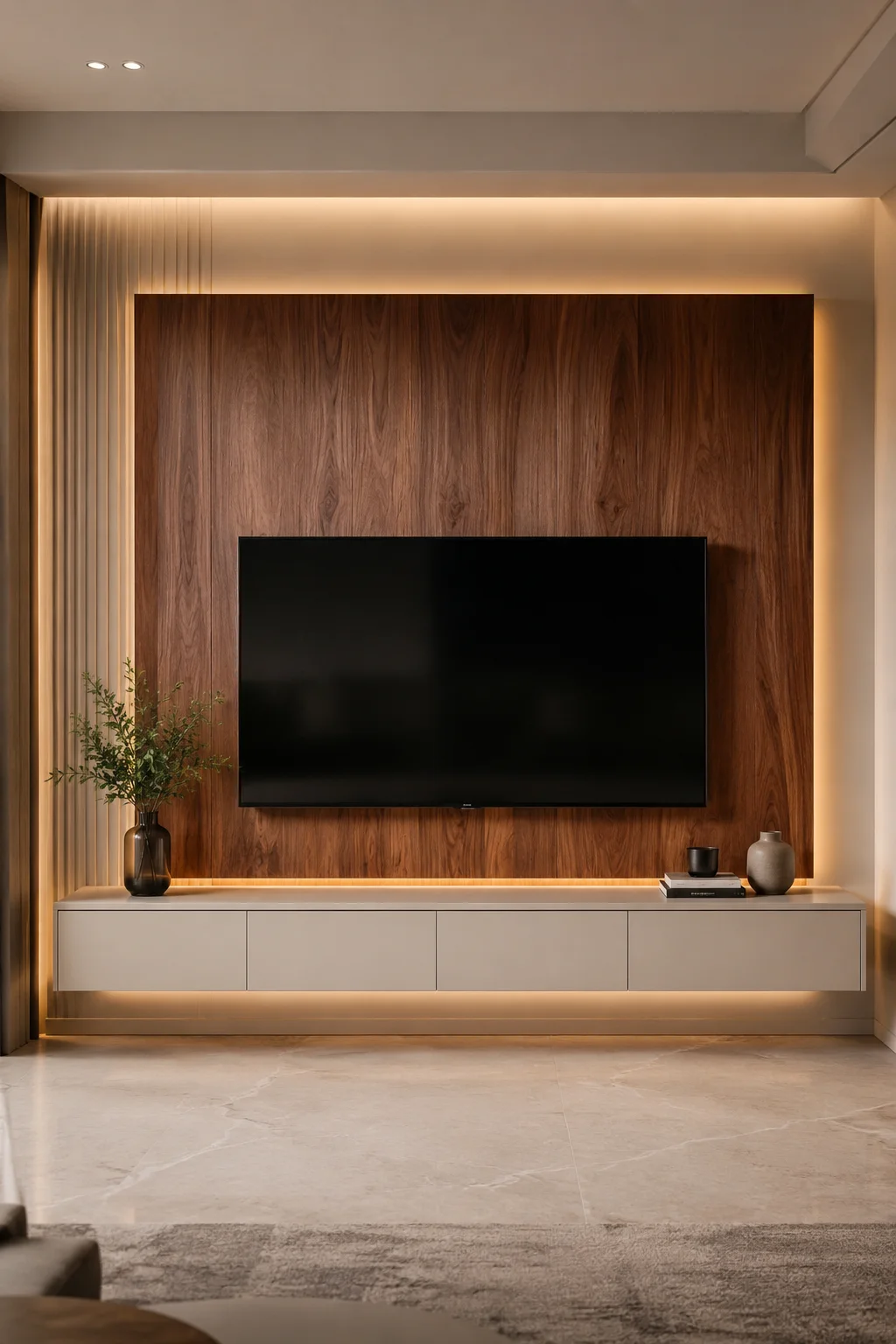Modern contemporary living room TV wall featuring a large natural warm walnut wood panel extending behind a black flat screen television, long cream floating media console with clean handleless cabinetry, warm concealed LED lighting around the walnut feature, beige architectural walls, realistic walnut grain, subtle ceramic décor, soft neutral flooring, balanced proportions, and a refined luxury interior design.